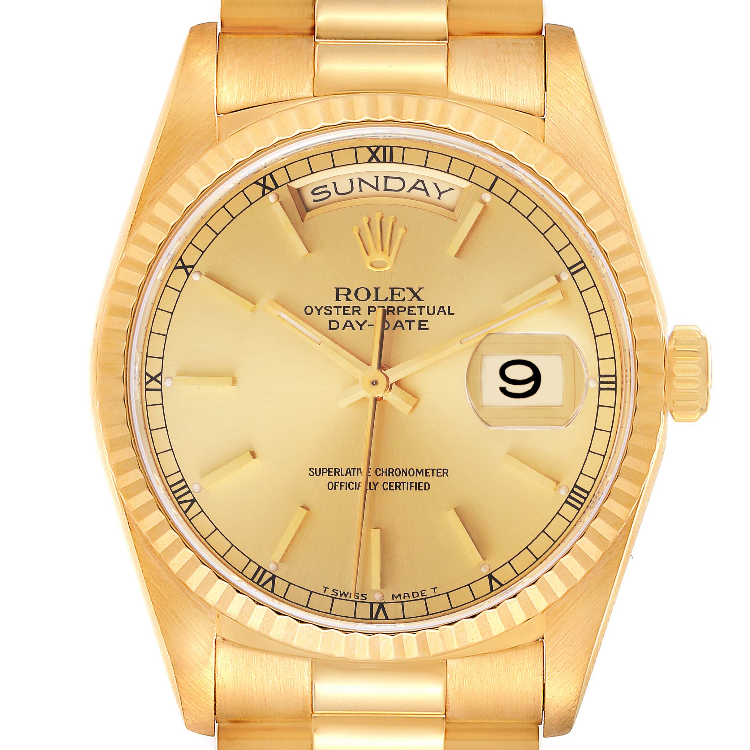 The image shows a frontal view of a Rolex President 18238 Men
s Yellow Gold Champagne Dial 18238 Men
s Yellow Gold Champagne Dial model watch, displaying its dial, bezel, crown, and portion of the bracelet.