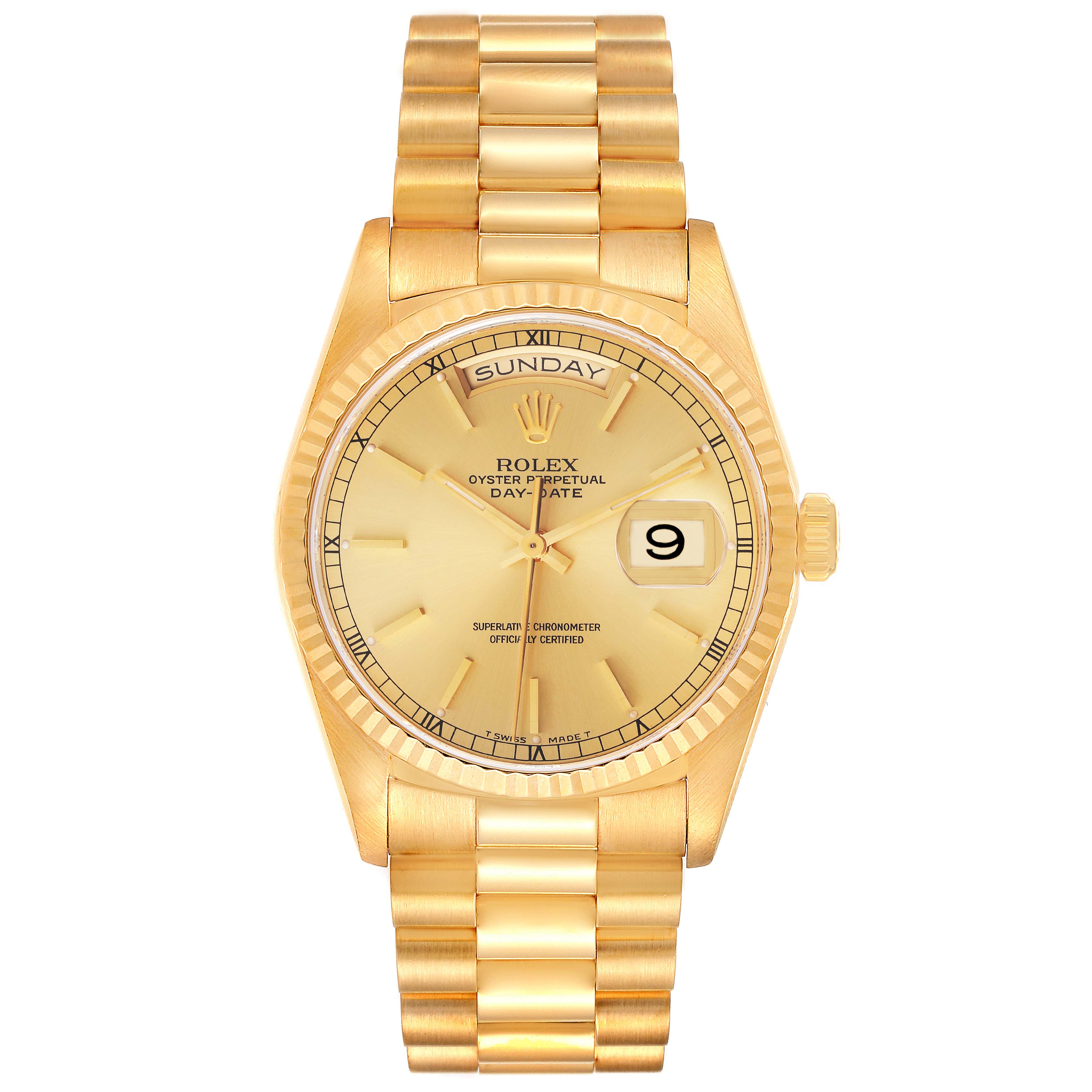 The image shows a front view of a Rolex President 18238 Men
s Yellow Gold Champagne Dial 18238 Men
s Yellow Gold Champagne Dial Oyster Perpetual Day-Date watch with a gold finish and bracelet.