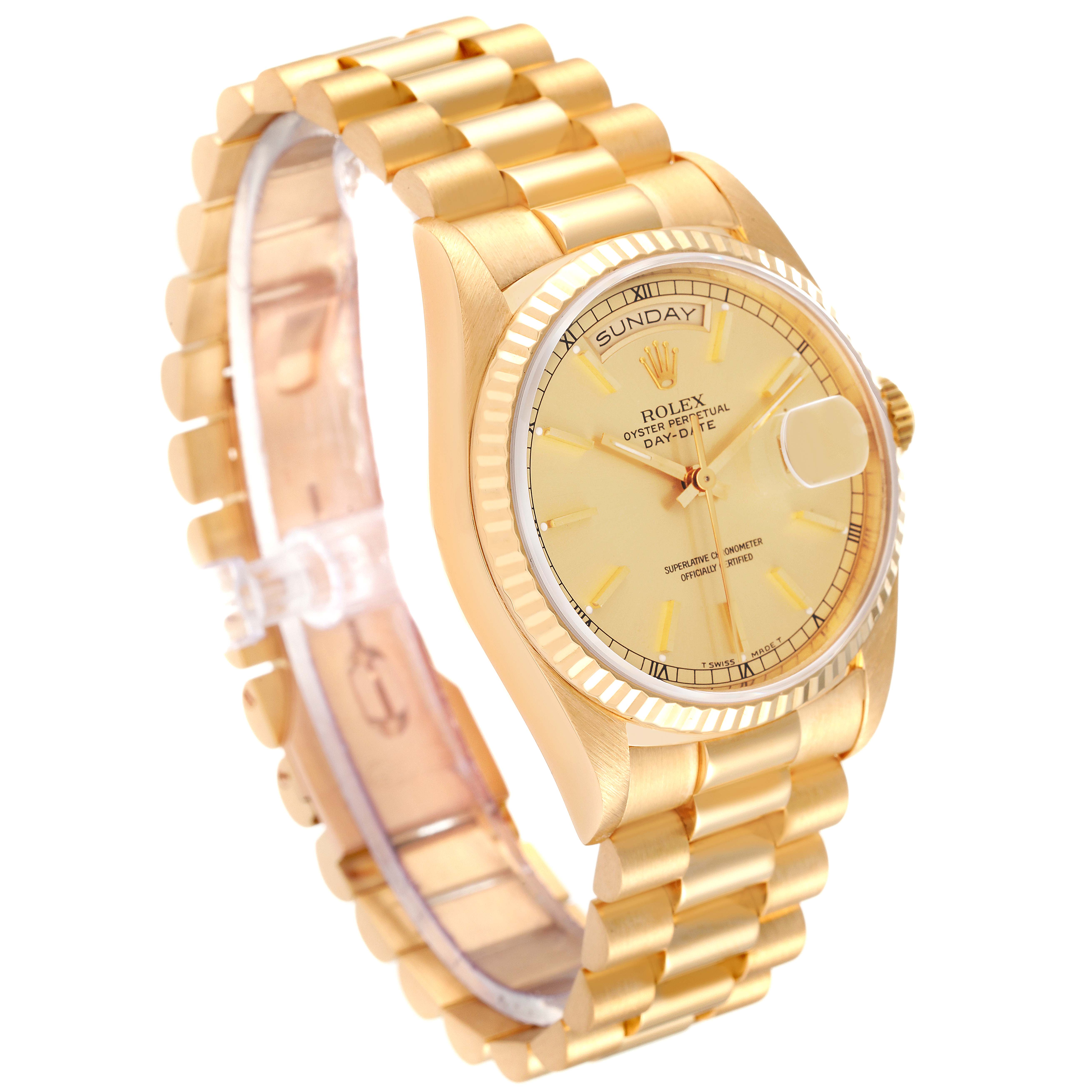 This image shows the Rolex President 18238 Men
s Yellow Gold Champagne Dial 18238 Men
s Yellow Gold Champagne Dial model watch from a three-quarter angle, highlighting the dial, bezel, and bracelet.