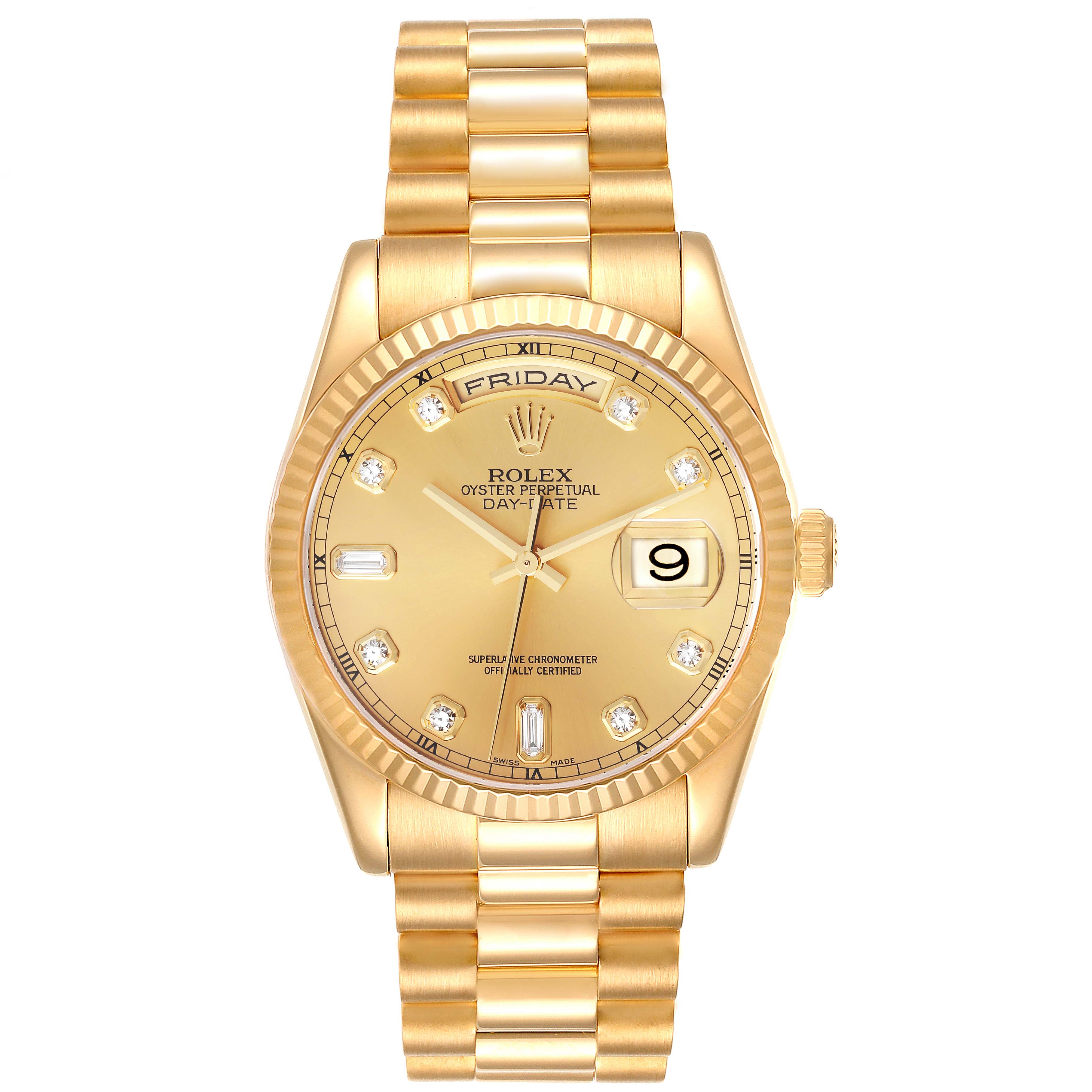 This image shows the front view of the Rolex President 118238 Men
s Yellow Gold Champagne Dial 118238 Men
s Yellow Gold Champagne Dial model watch, highlighting its dial, bracelet, and bezel.