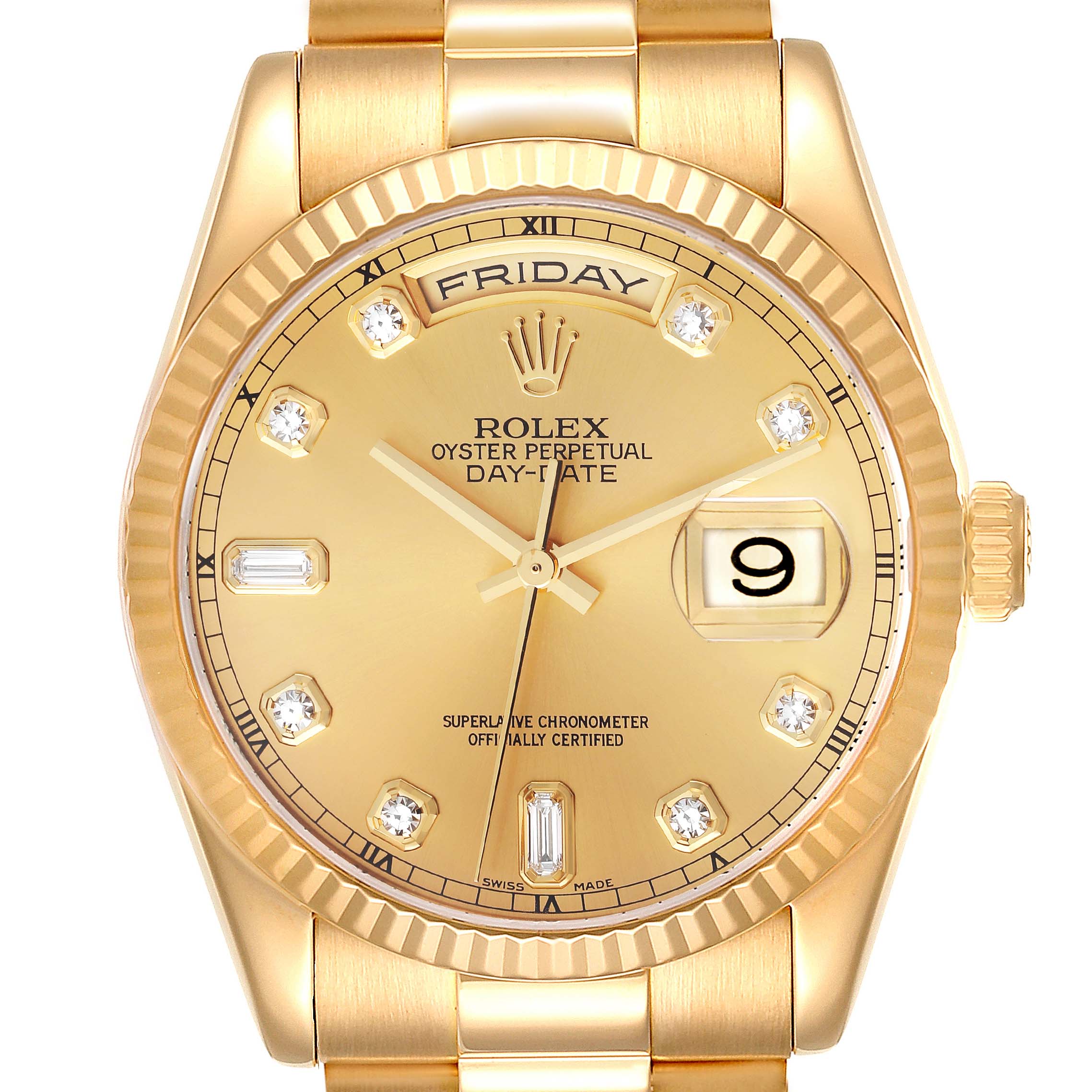 This is a front view of a Rolex President 118238 Men
s Yellow Gold Champagne Dial 118238 Men
s Yellow Gold Champagne Dial model watch, showing the dial, day and date display, and bracelet.