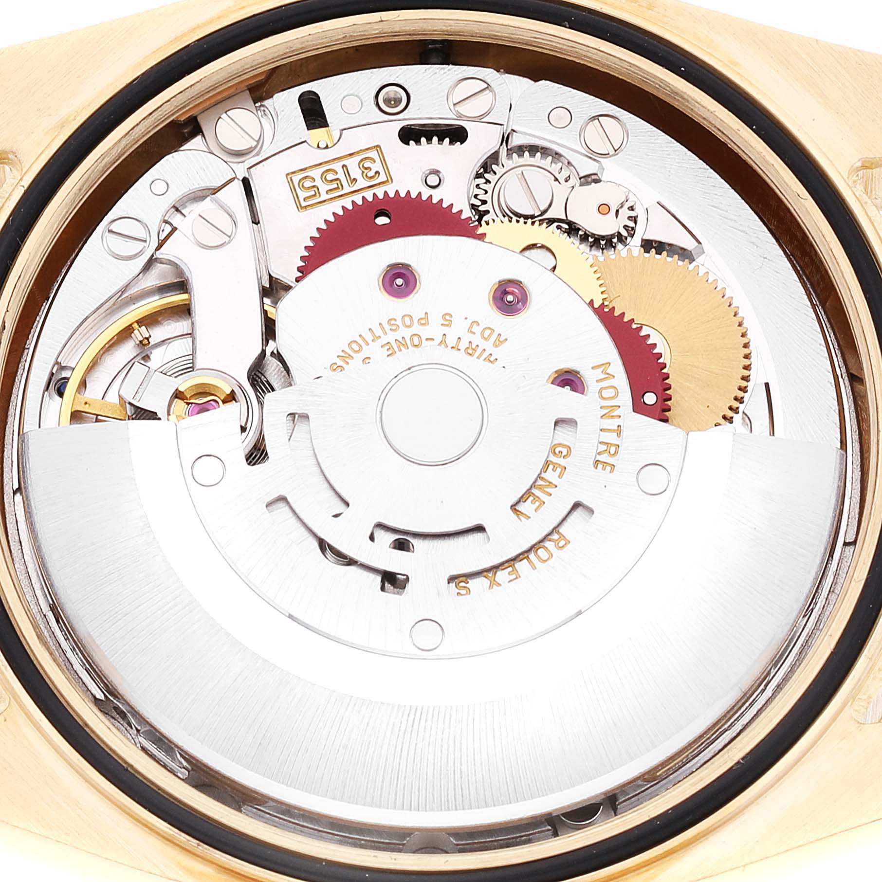 This close-up image of a Rolex President 118238 Men
s Yellow Gold Champagne Dial 118238 Men
s Yellow Gold Champagne Dial model watch reveals its intricate automatic movement mechanism.