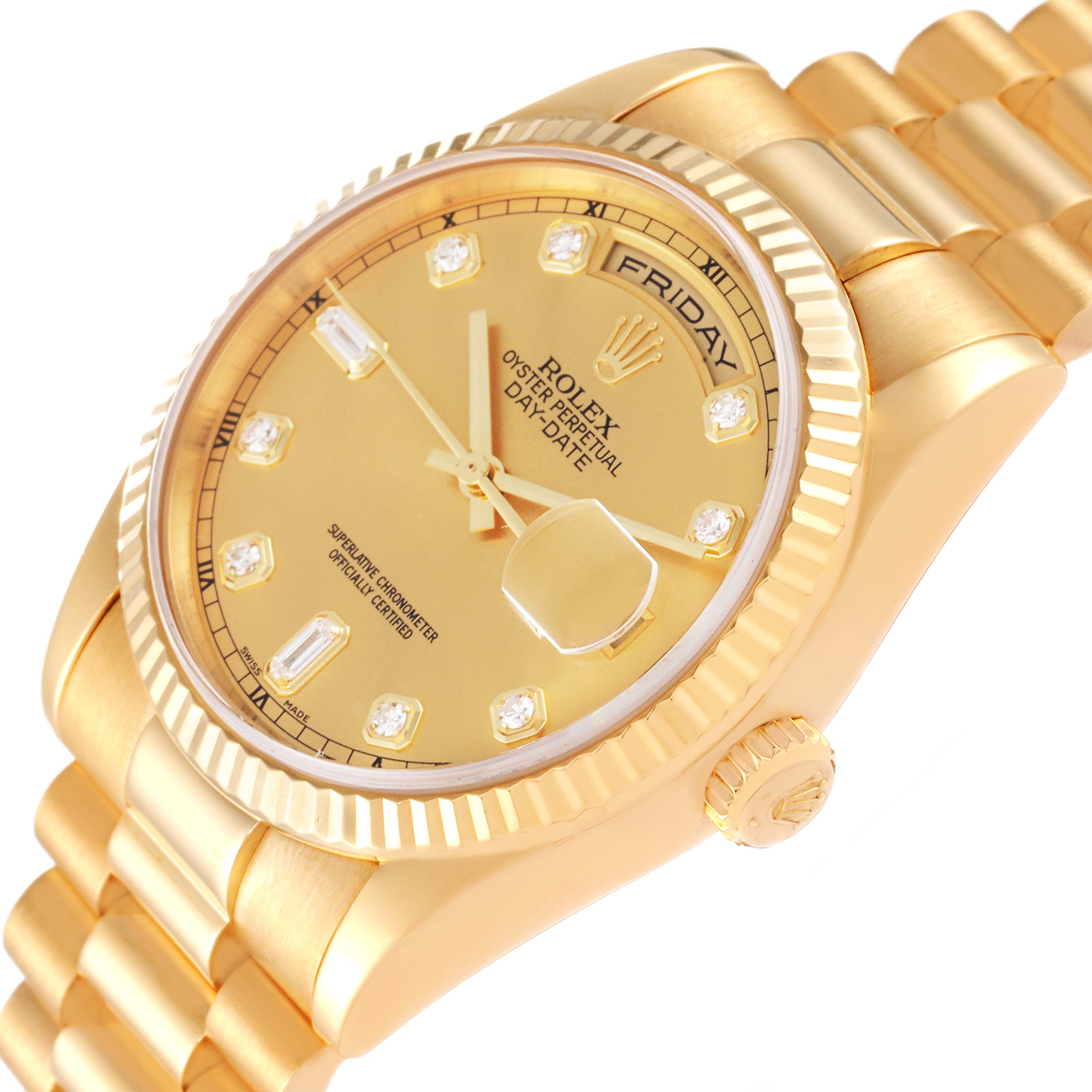 The image shows a close-up angle of the Rolex President 118238 Men
s Yellow Gold Champagne Dial 118238 Men
s Yellow Gold Champagne Dial model watch, highlighting its golden dial, bezel, and bracelet.