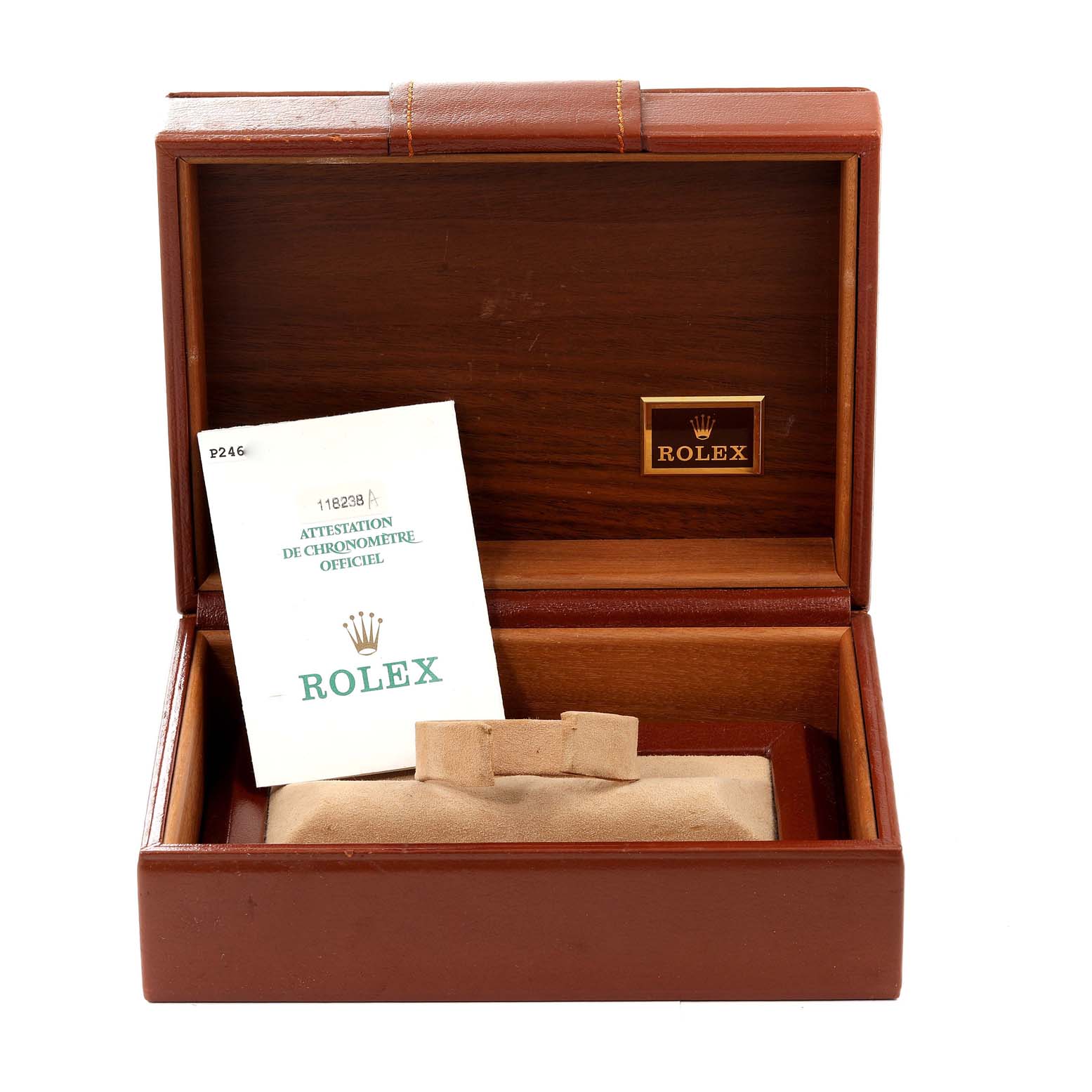 The Rolex President 118238 Men
s Yellow Gold Champagne Dial 118238 Men
s Yellow Gold Champagne Dial watch box is shown open, featuring an empty cushion and documentation inside.