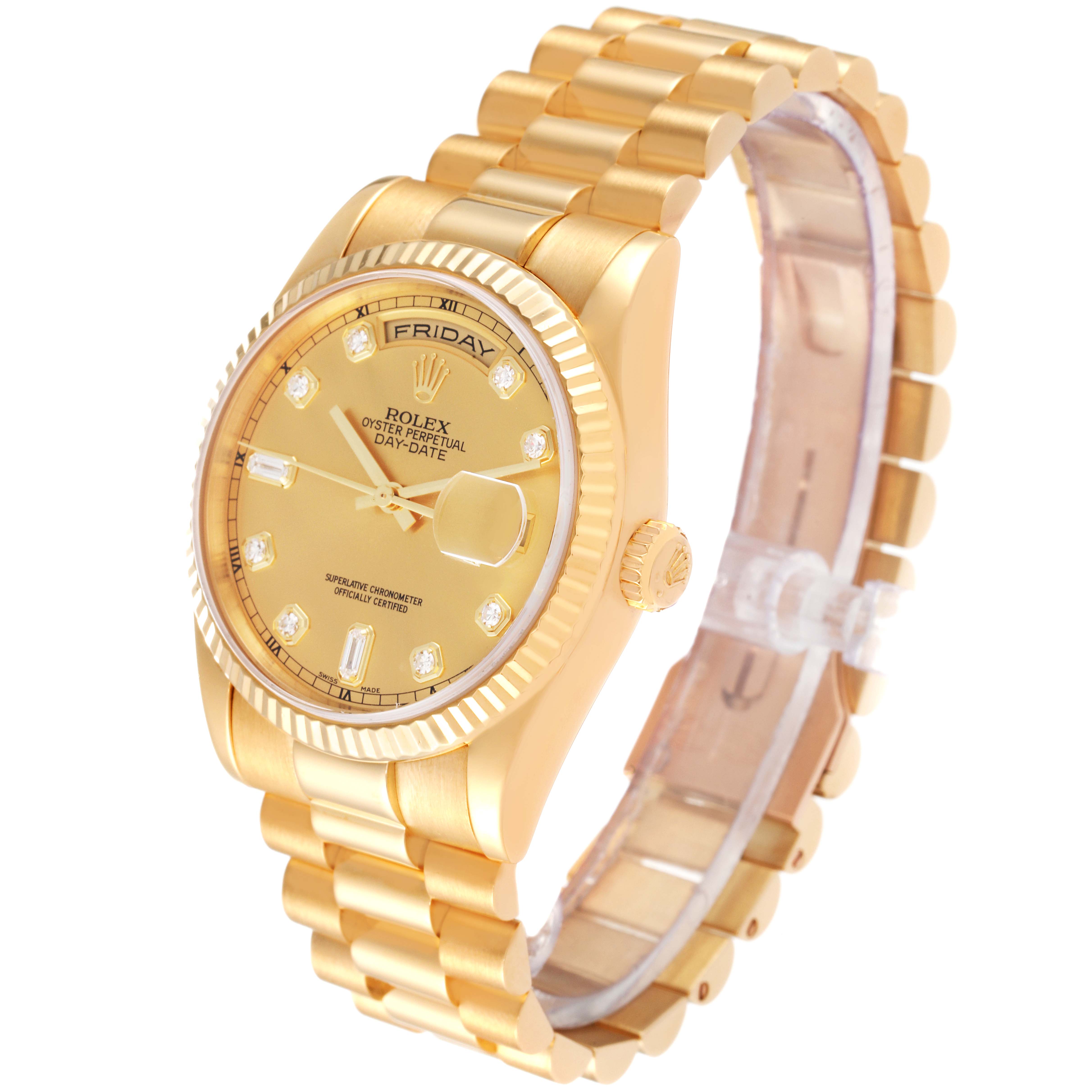The image shows the Rolex President 118238 Men
s Yellow Gold Champagne Dial 118238 Men
s Yellow Gold Champagne Dial model watch at an oblique angle, highlighting its gold case, bracelet, and dial.