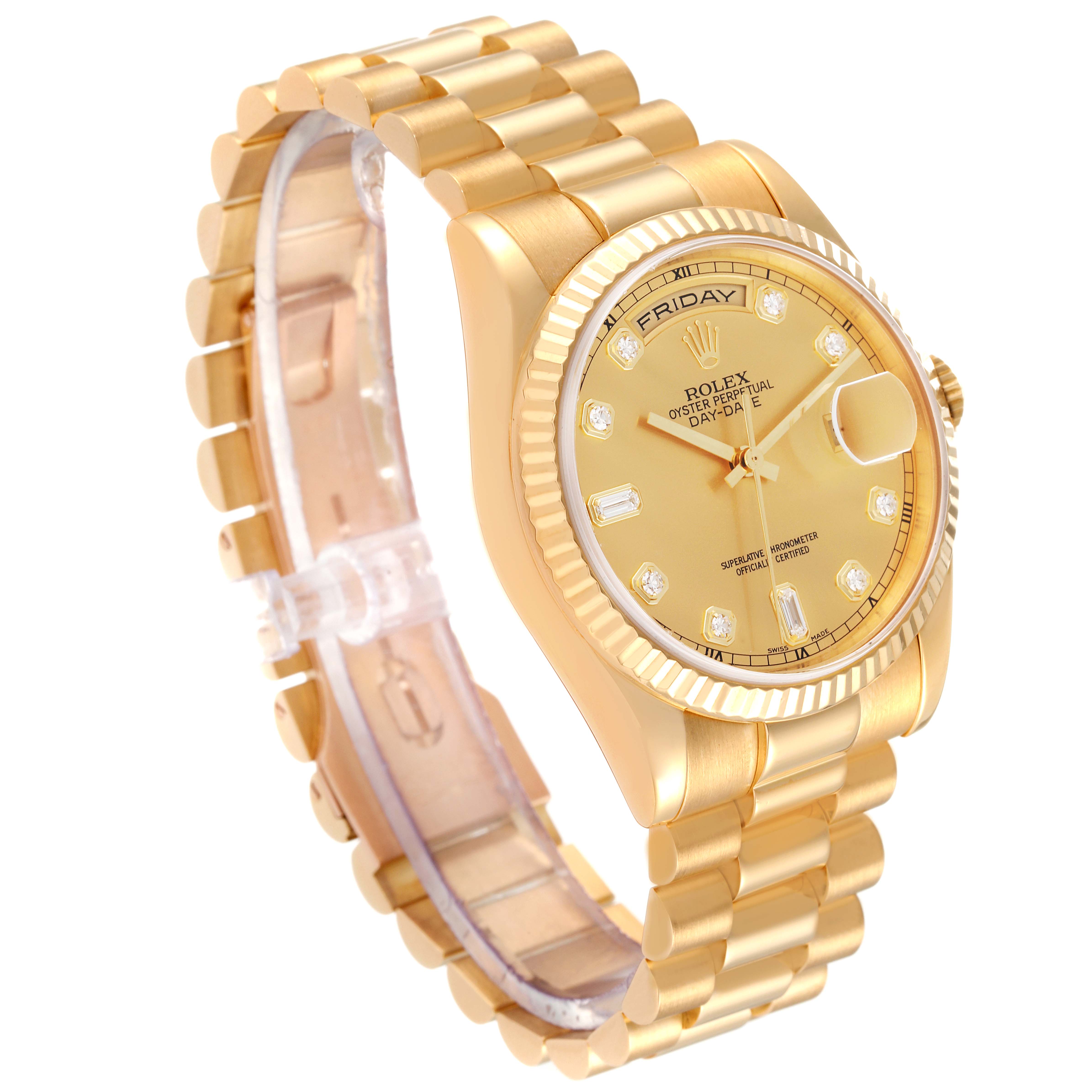 The image shows a Rolex President 118238 Men
s Yellow Gold Champagne Dial 118238 Men
s Yellow Gold Champagne Dial model watch at an oblique angle, highlighting the gold band, diamond markers, and fluted bezel.