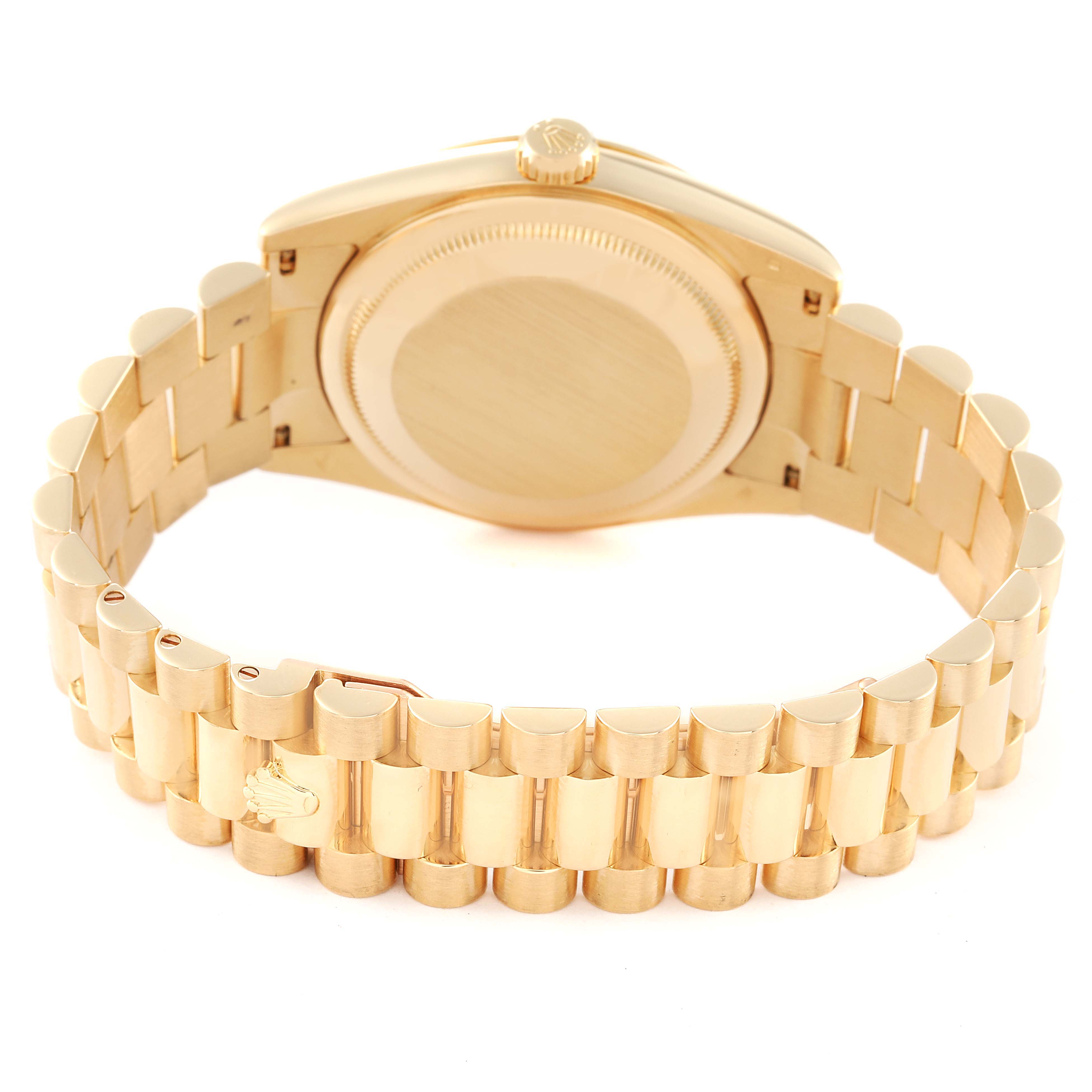 The image shows the back and bracelet of a gold Rolex President 118238 Men
s Yellow Gold Champagne Dial 118238 Men
s Yellow Gold Champagne Dial model watch from an angled rear view.