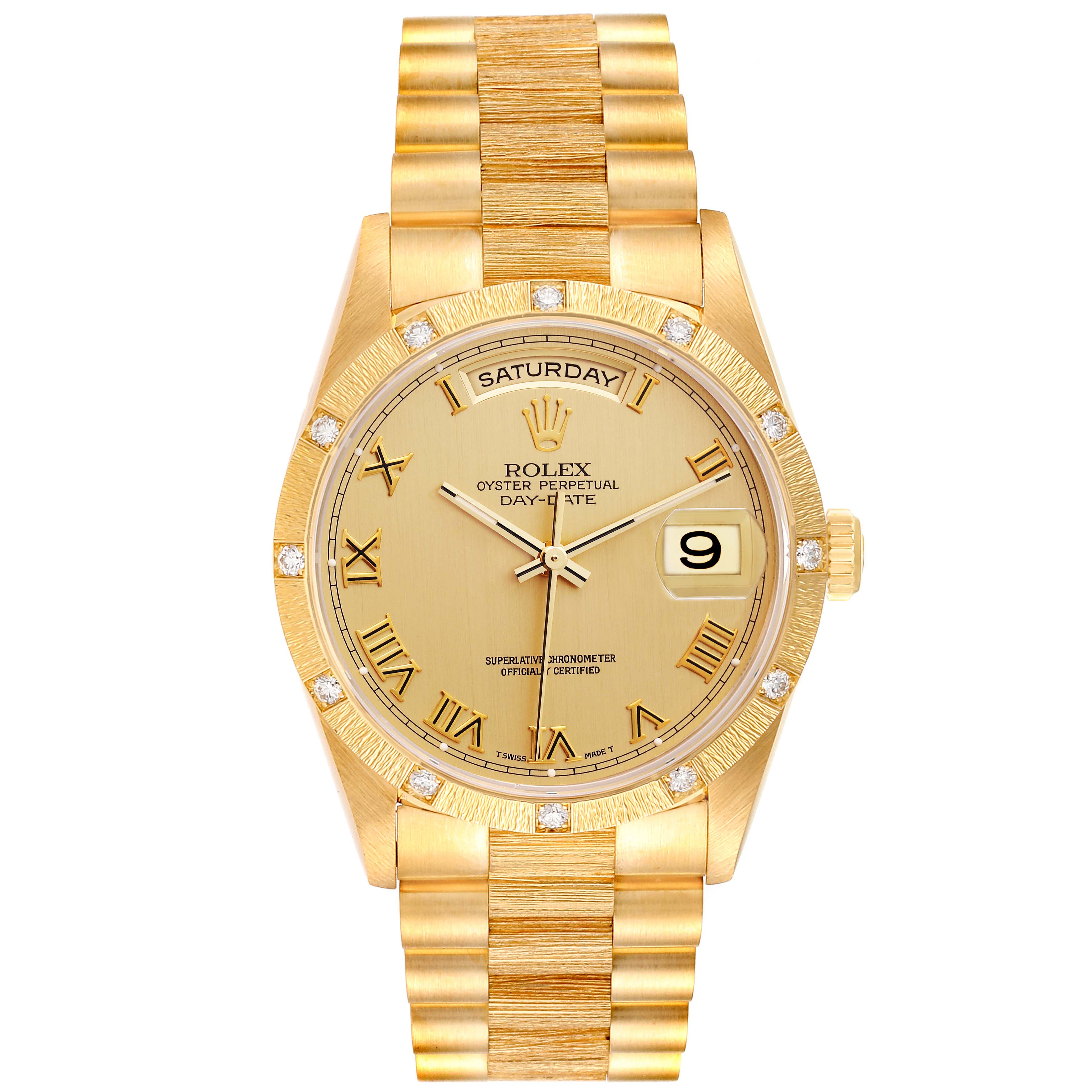 The image shows a frontal view of a gold Rolex President 18308 Men
s Yellow Gold Champagne Dial 18308 Men
s Yellow Gold Champagne Dial model watch, highlighting its dial, bracelet, and day-date display.