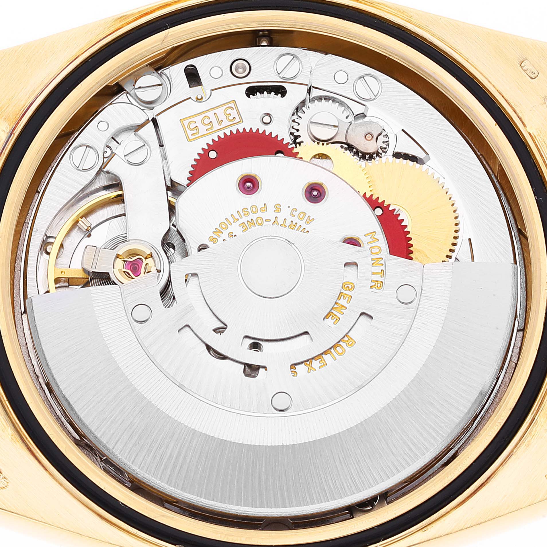 This image shows a close-up view of the movement mechanism inside a Rolex President 18308 Men
s Yellow Gold Champagne Dial 18308 Men
s Yellow Gold Champagne Dial model watch.