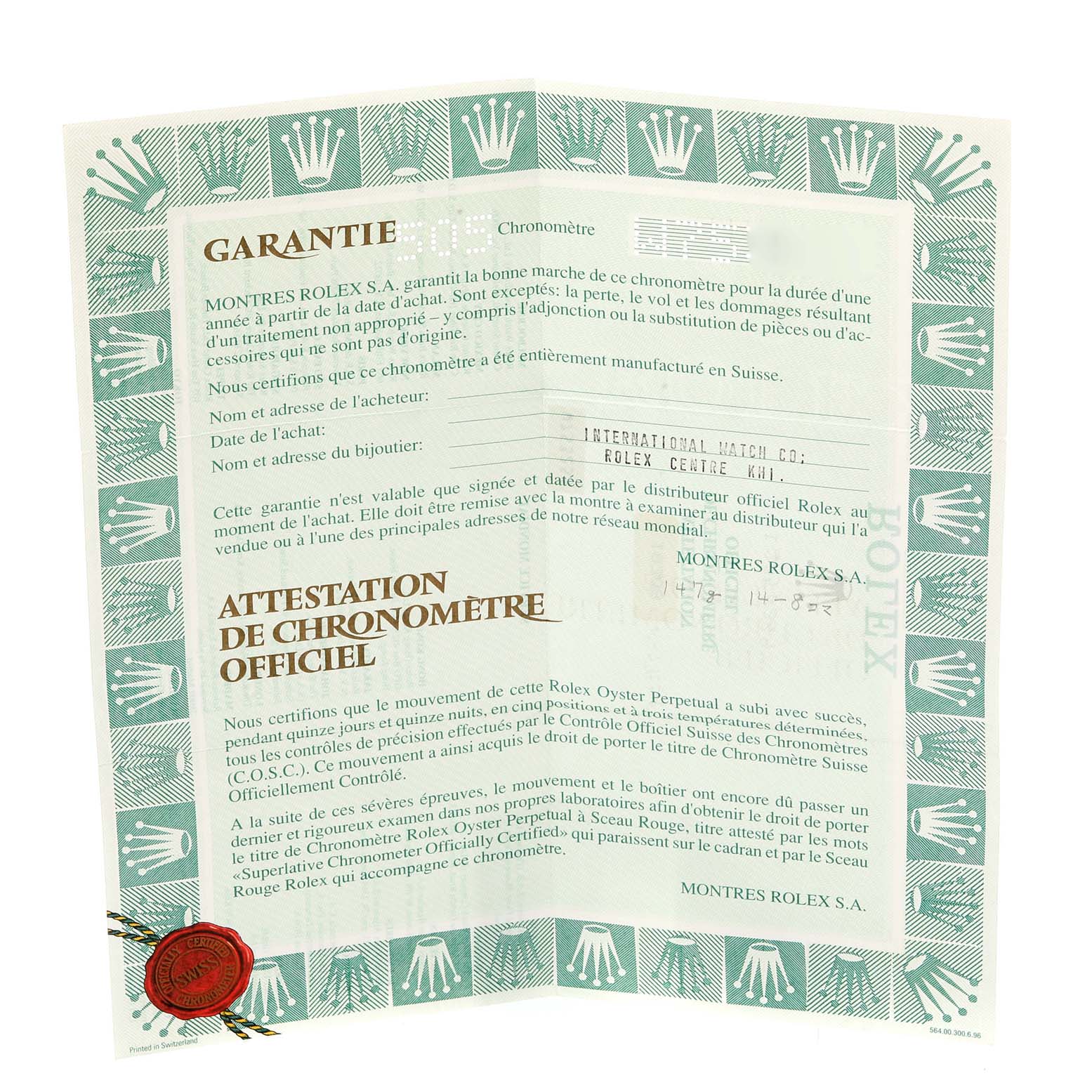 The image shows the warranty and chronometer certification documents for the Rolex President 18308 Men
s Yellow Gold Champagne Dial 18308 Men
s Yellow Gold Champagne Dial model watch.