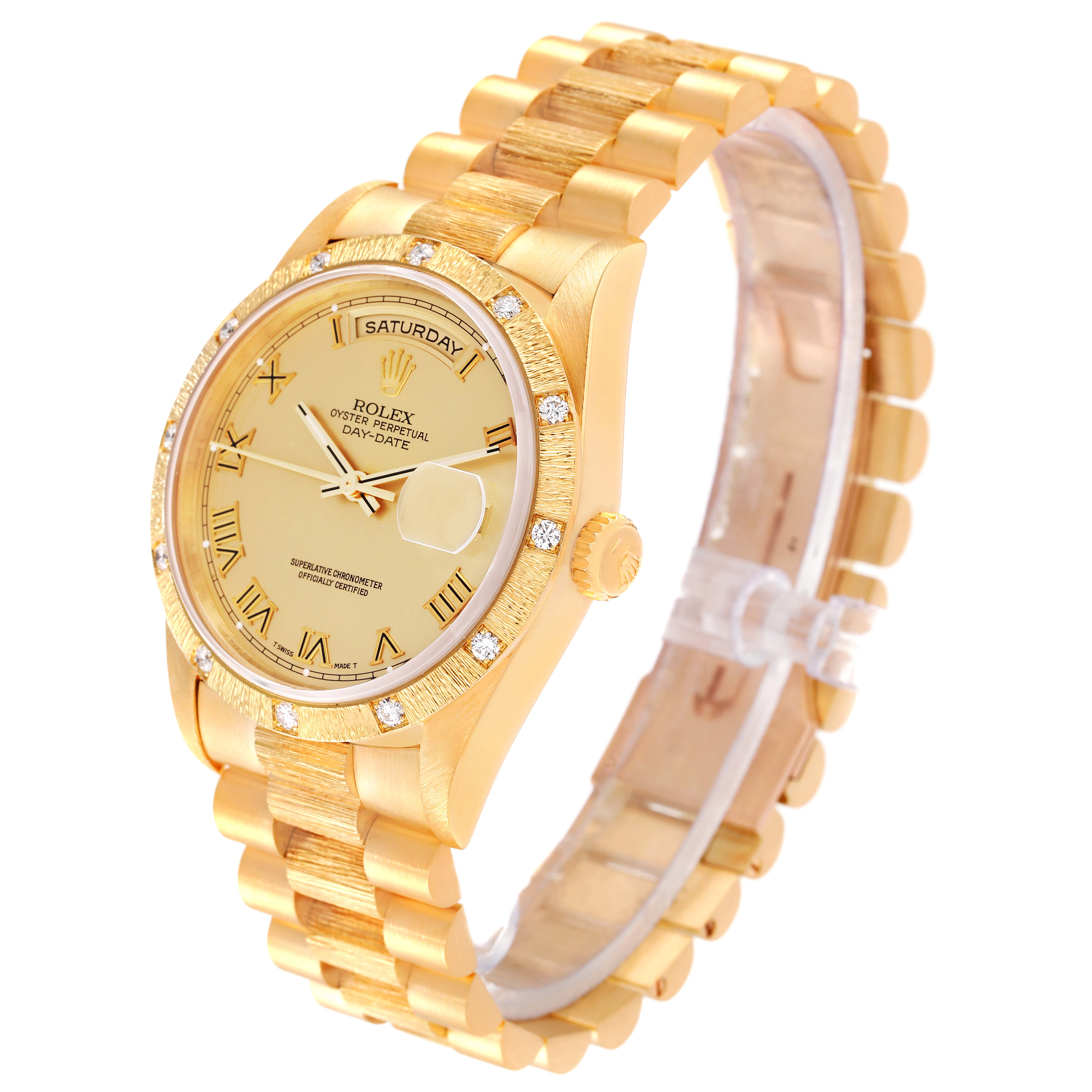 The Rolex President 18308 Men
s Yellow Gold Champagne Dial 18308 Men
s Yellow Gold Champagne Dial model watch is shown at a three-quarter angle, displaying the face, bezel, crown, and bracelet.
