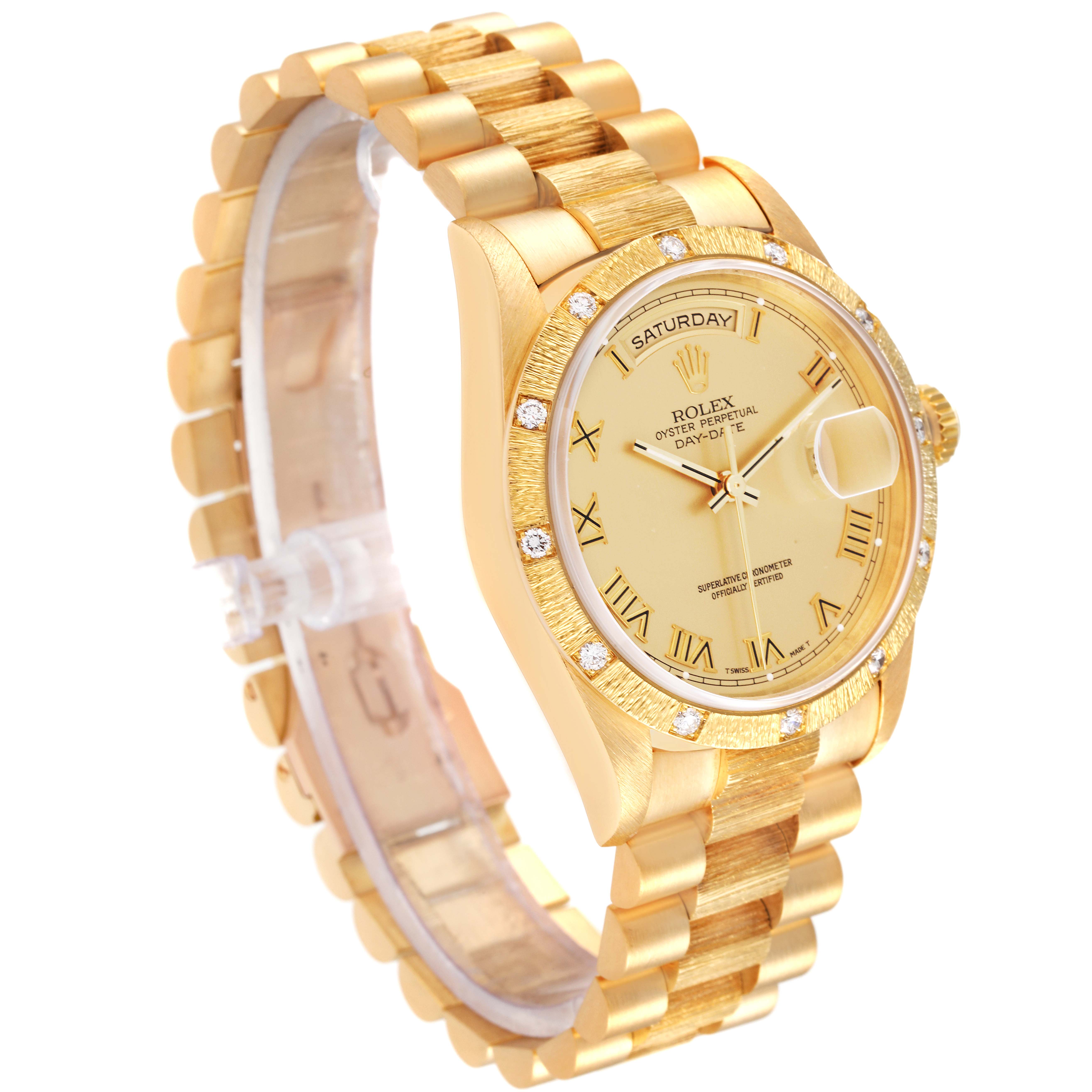 The image shows a side and front view of a Rolex President 18308 Men
s Yellow Gold Champagne Dial 18308 Men
s Yellow Gold Champagne Dial model watch, highlighting its gold band and face with diamond accents.