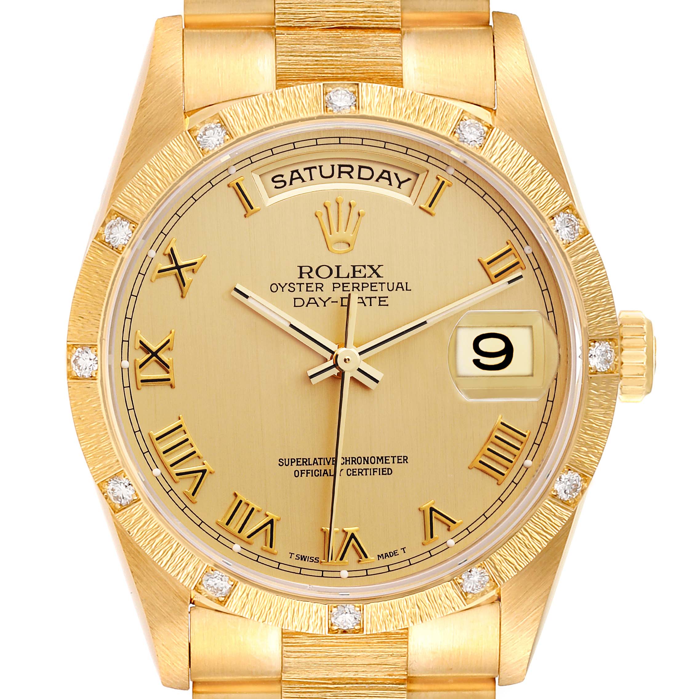 This image shows the face and part of the band of a Rolex President 18308 Men
s Yellow Gold Champagne Dial 18308 Men
s Yellow Gold Champagne Dial Oyster Perpetual Day-Date watch.