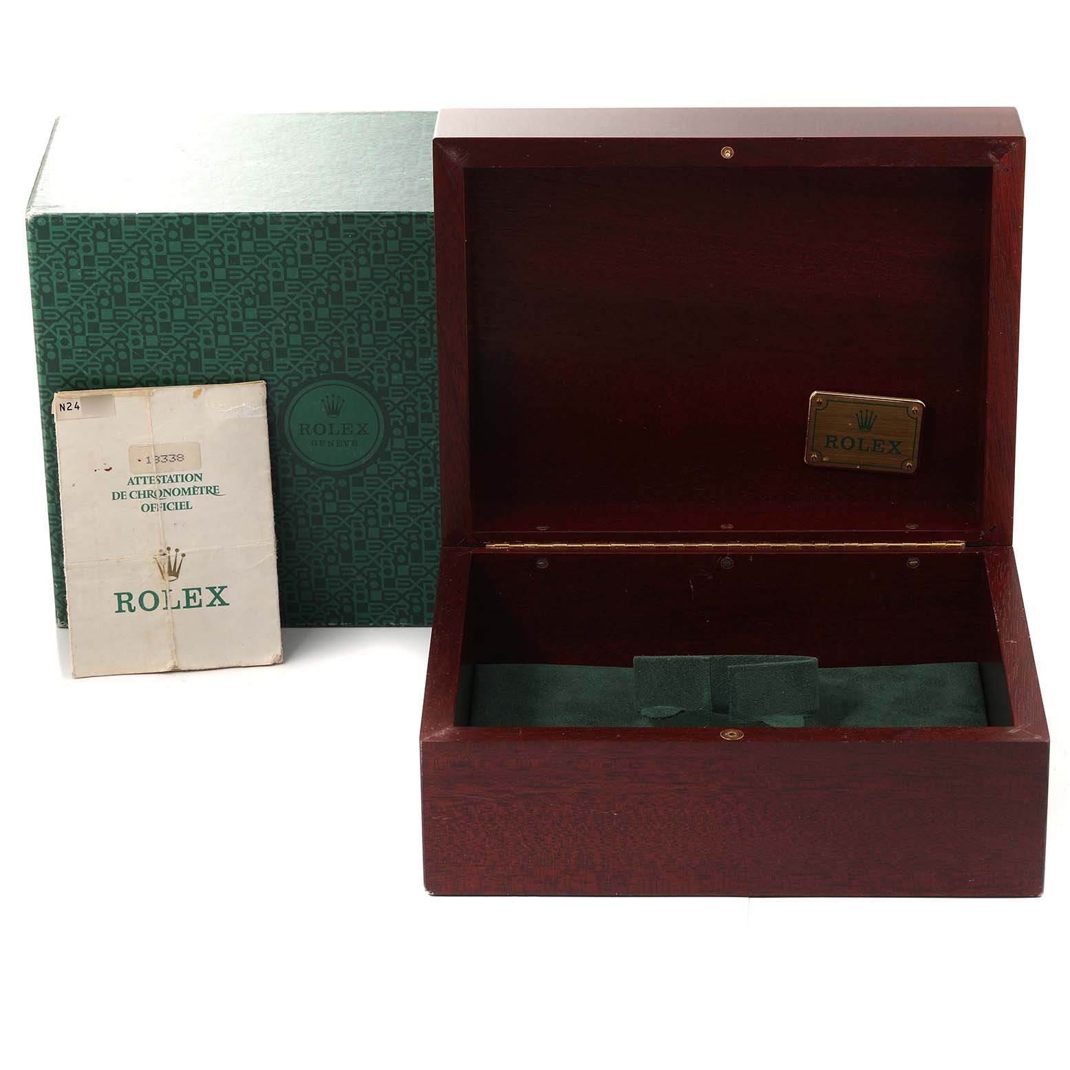 The image shows the open wooden box, outer green box, and user manual for a Rolex President 18338 Men's Yellow Gold Mother of Pearl Dial 18338 Men's Yellow Gold Mother of Pearl Dial model watch.