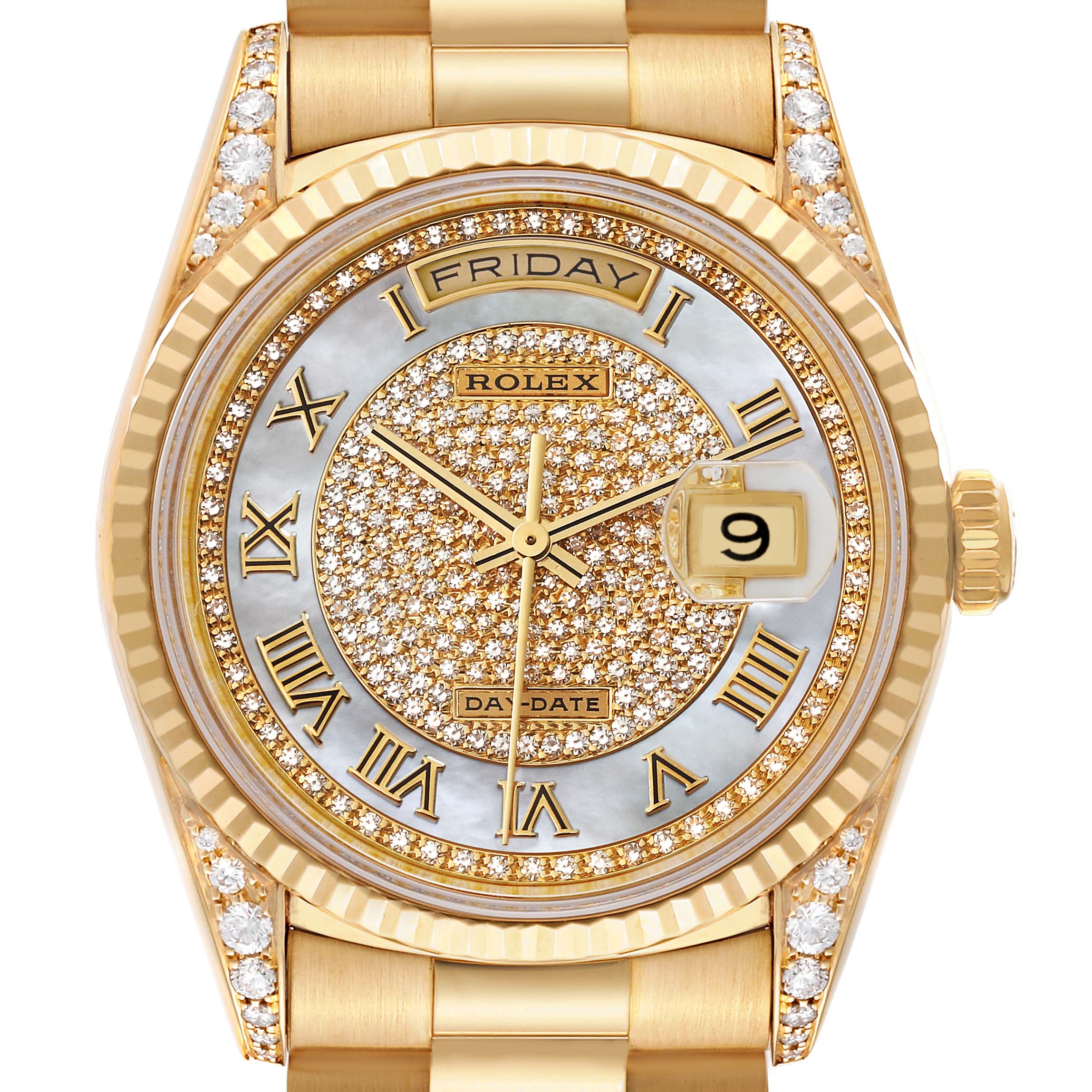 This image shows a frontal view of the Rolex President 18338 Men's Yellow Gold Mother of Pearl Dial 18338 Men's Yellow Gold Mother of Pearl Dial model watch, highlighting its diamond-studded face, bezel, and day-date feature.