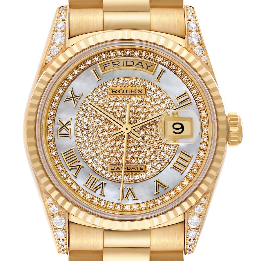 Rolex President DayDate Yellow Gold Mother of Pearl Pave Diamond Mens Watch 18338 Box Papers SwissWatchExpo