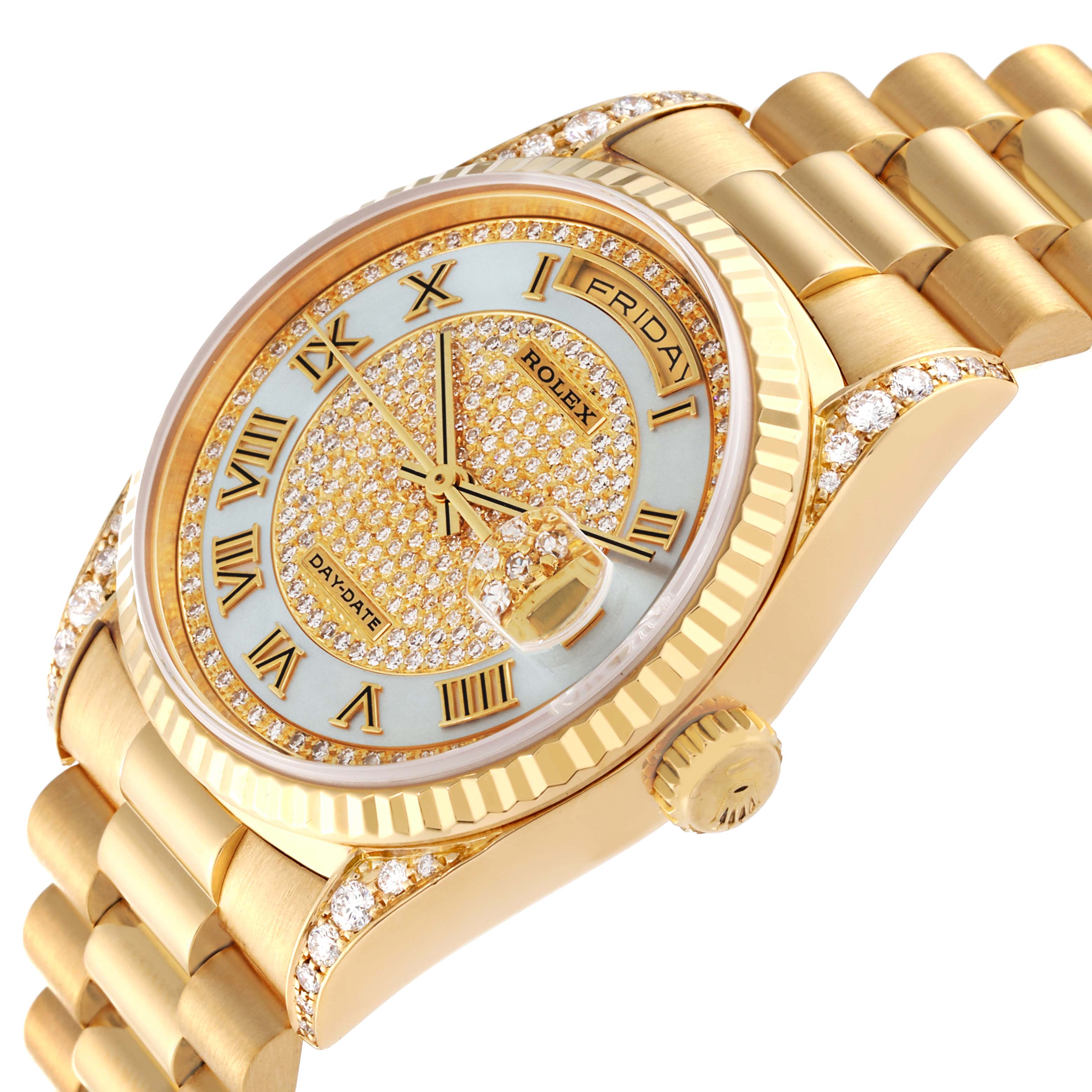 The image shows the dial, bezel, crown, and bracelet at a slight angle of the Rolex President 18338 Men's Yellow Gold Mother of Pearl Dial 18338 Men's Yellow Gold Mother of Pearl Dial.