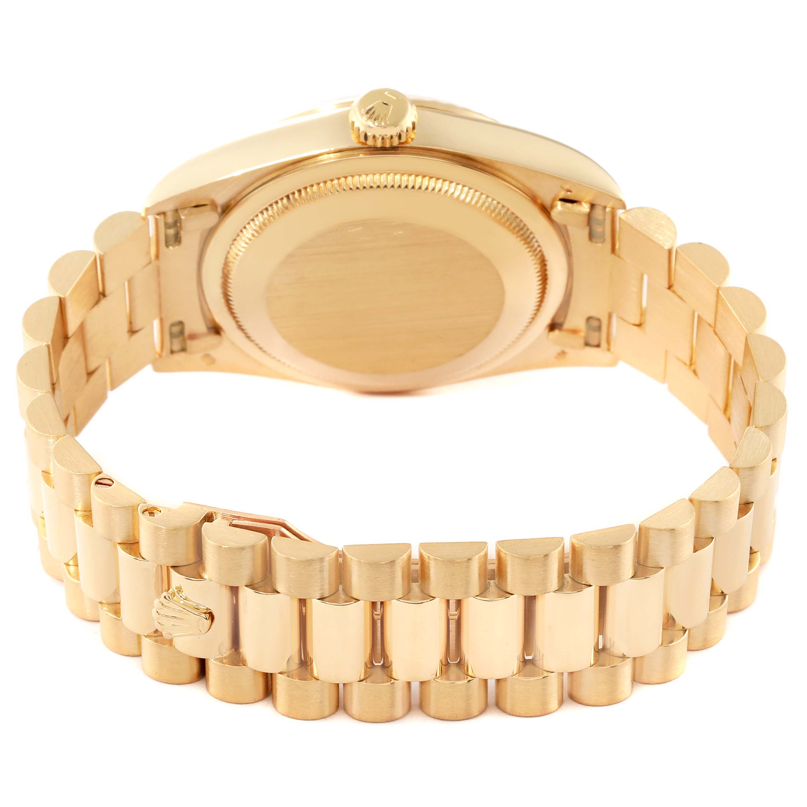 This image shows the back and bracelet of a Rolex President 18338 Men's Yellow Gold Mother of Pearl Dial 18338 Men's Yellow Gold Mother of Pearl Dial model watch.