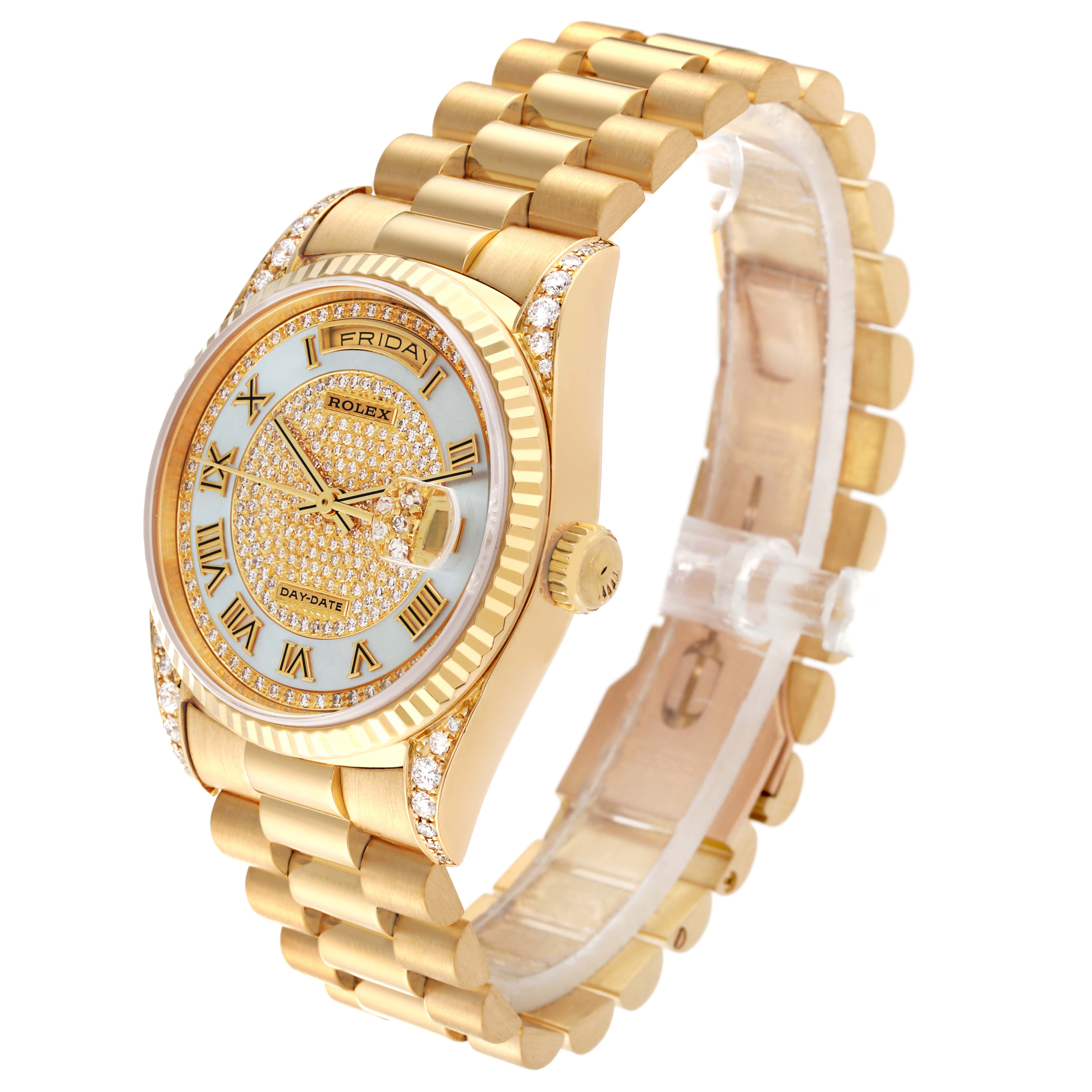 This is a Rolex President 18338 Men's Yellow Gold Mother of Pearl Dial 18338 Men's Yellow Gold Mother of Pearl Dial model watch, shown at a three-quarter angle, highlighting the bracelet, bezel, and detailed dial.