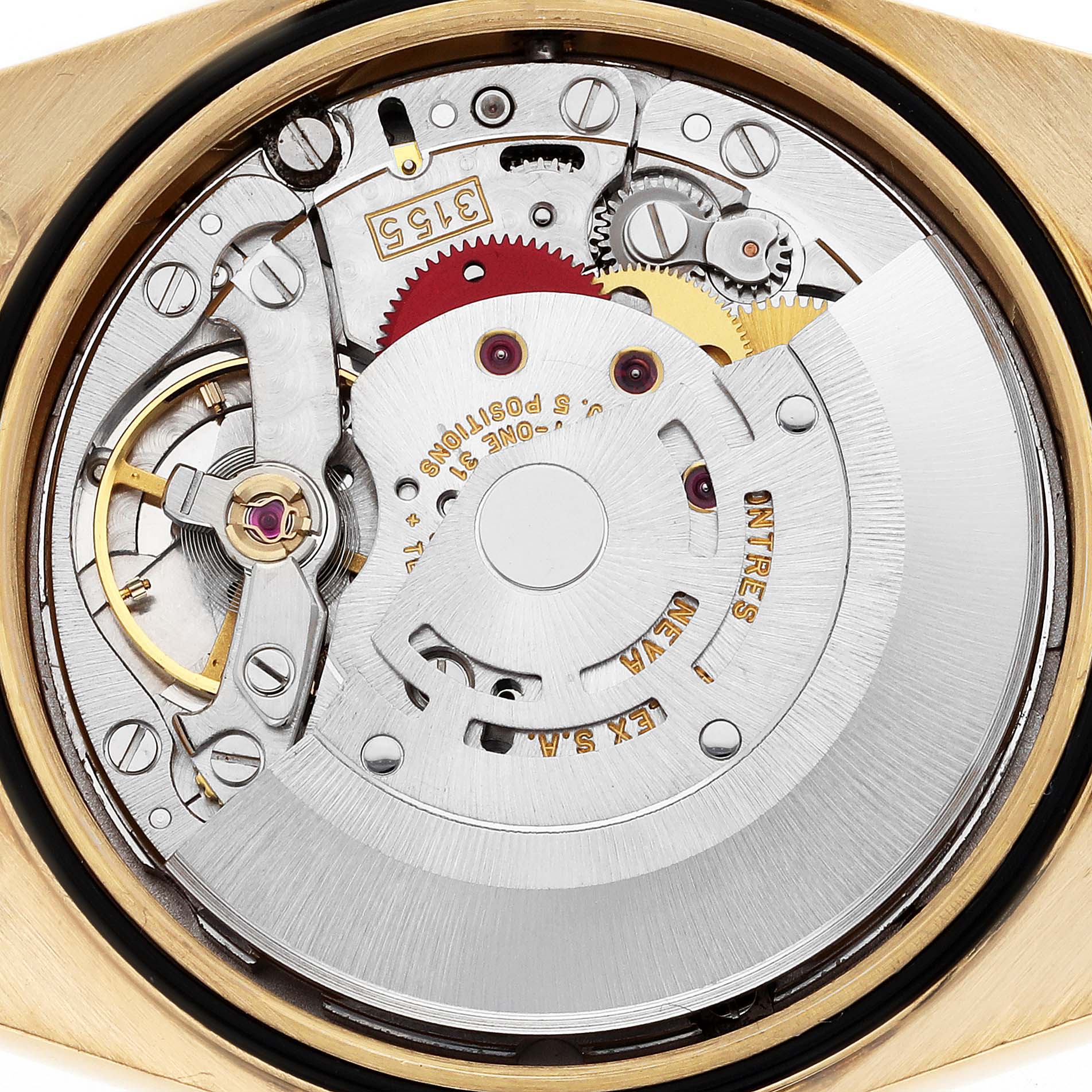 The image shows the internal mechanism of a Rolex President 18338 Men's Yellow Gold Mother of Pearl Dial 18338 Men's Yellow Gold Mother of Pearl Dial model watch from a close-up angle.