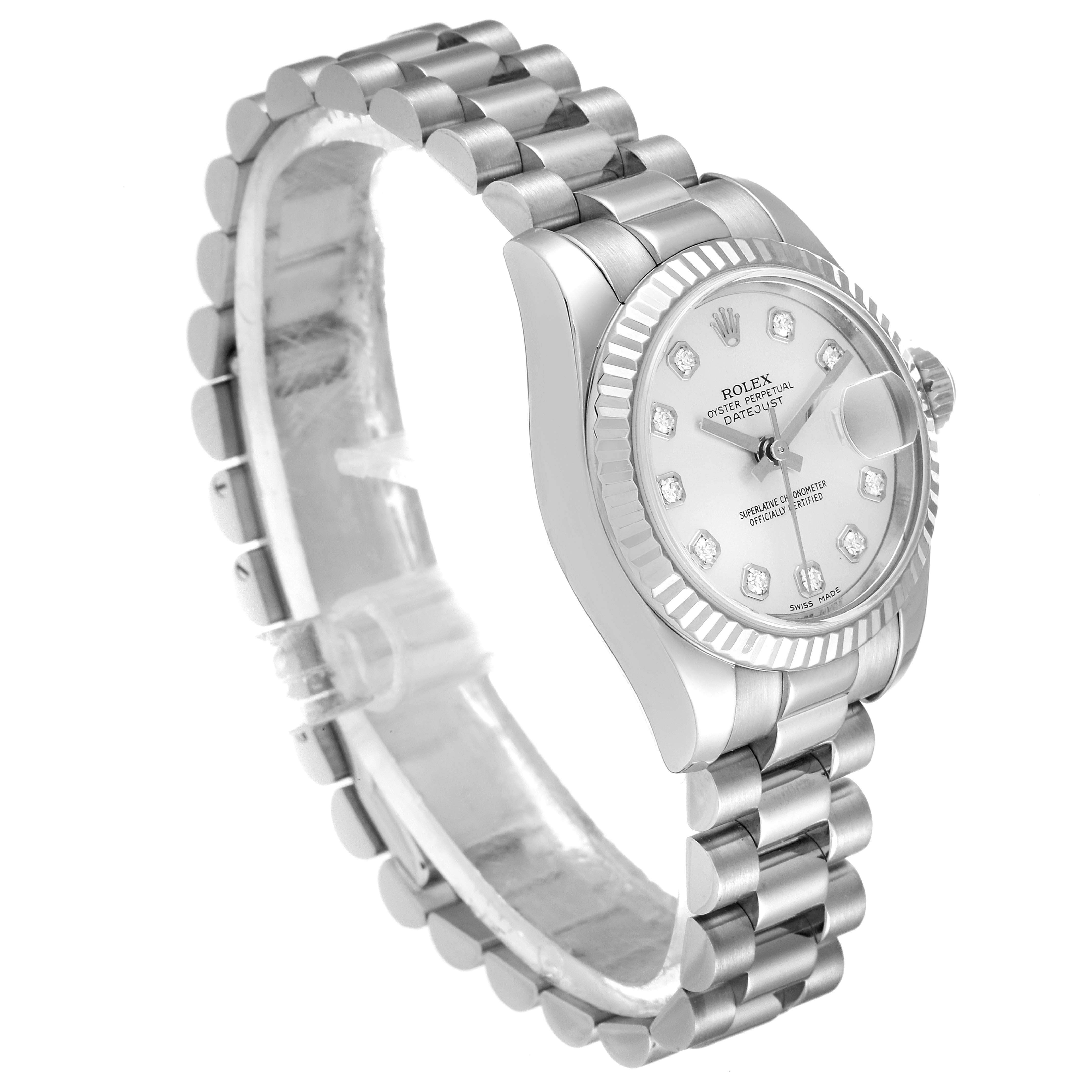 The image shows a Rolex President 179179 Women's White Gold Silver Dial 179179 Women's White Gold Silver Dial model watch at a three-quarter angle, highlighting the bracelet, bezel, and dial with diamond markers.