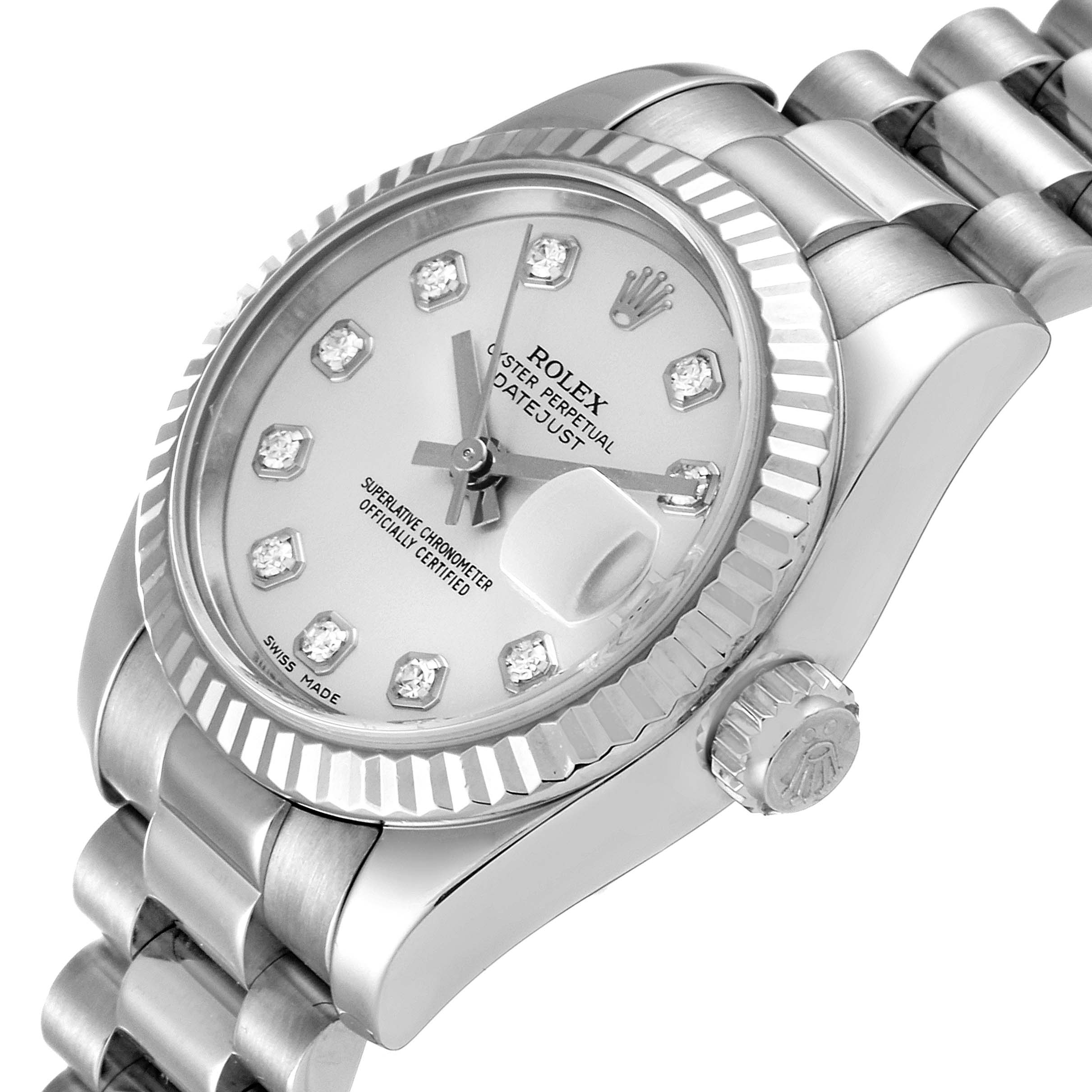 The image shows a side angle view of the Rolex President 179179 Women's White Gold Silver Dial 179179 Women's White Gold Silver Dial model watch, highlighting the face, bezel, crown, and bracelet.
