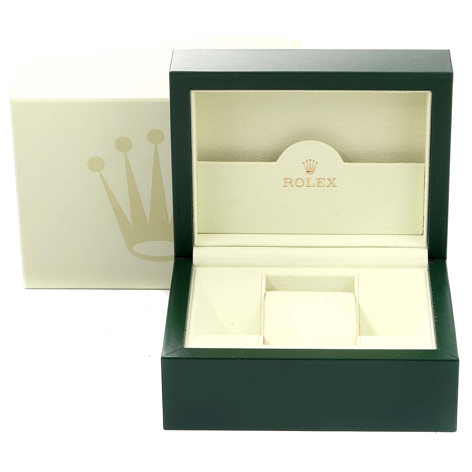 The image shows an open presentation box for the Rolex President 179179 Women's White Gold Silver Dial 179179 Women's White Gold Silver Dial model watch, highlighting its inner compartments.