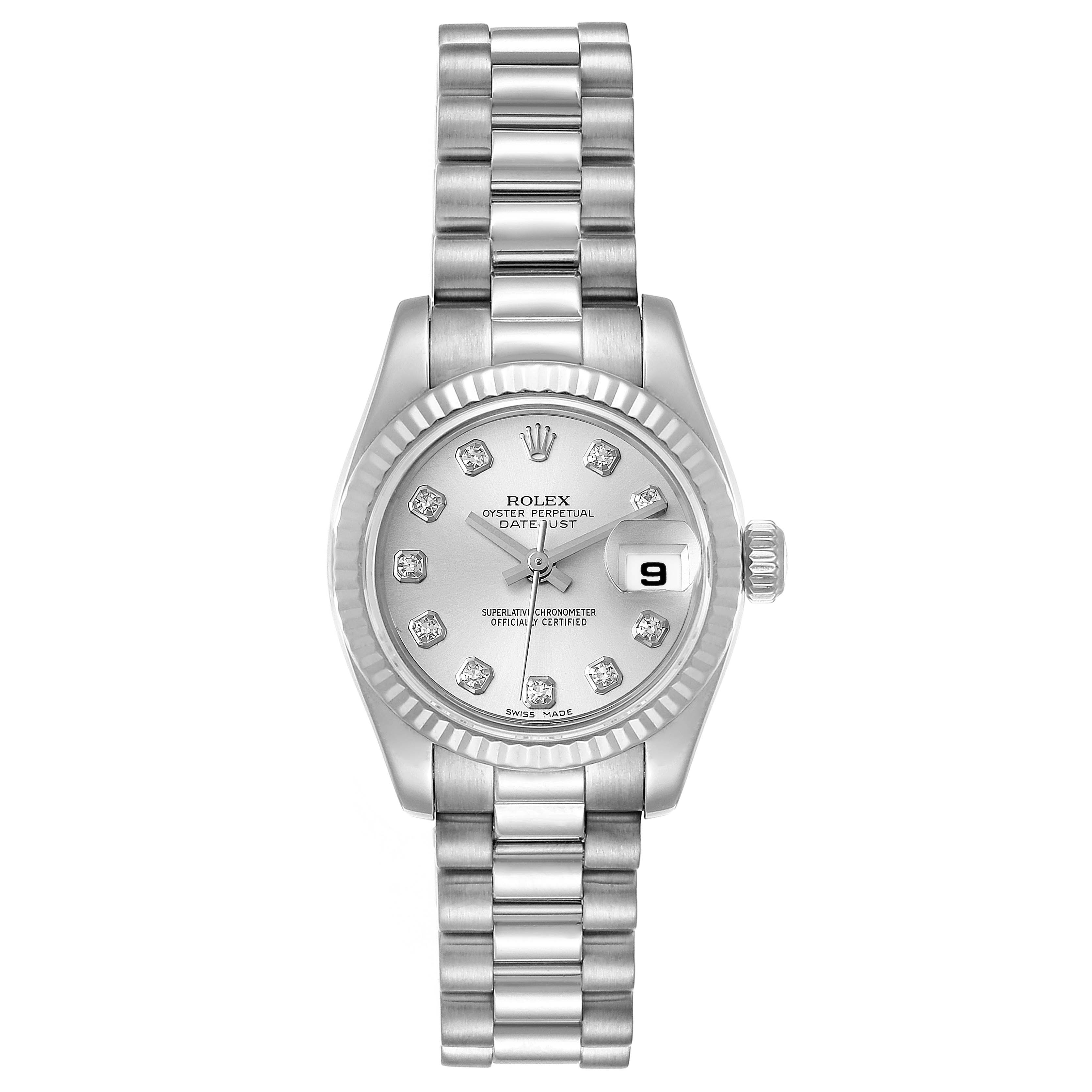 The image shows a Rolex President 179179 Women's White Gold Silver Dial 179179 Women's White Gold Silver Dial model watch viewed from the front, displaying the face, bezel, and bracelet.