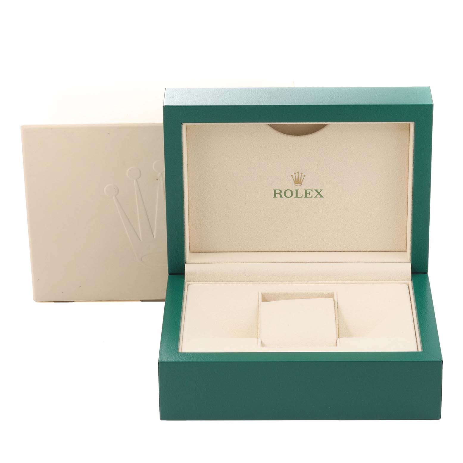 The image shows an open green and beige presentation box for the Rolex President 179138 Women's Yellow Gold Champagne Dial 179138 Women's Yellow Gold Champagne Dial model watch, with the Rolex logo inside.