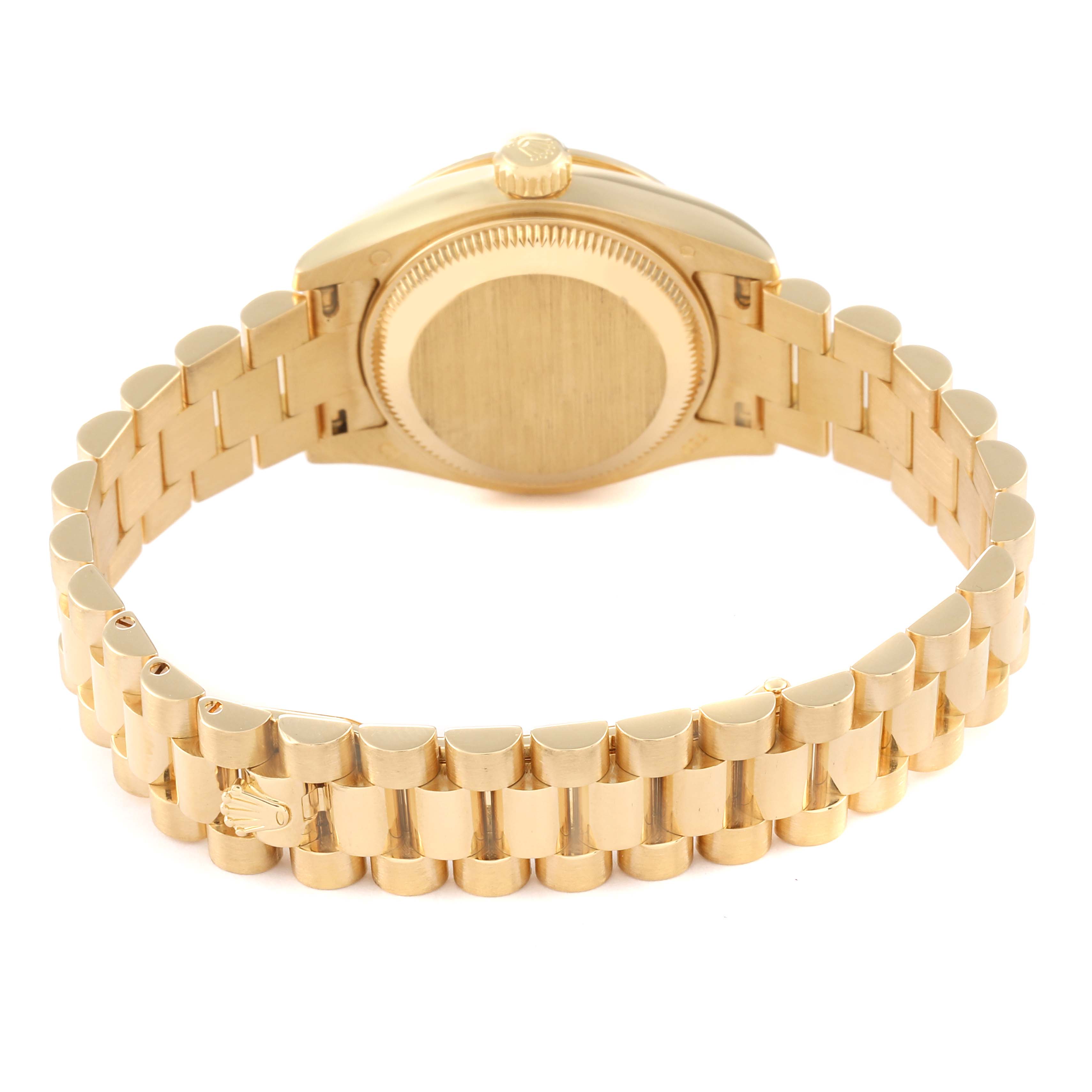 The image shows the back and bracelet of a gold Rolex President 179138 Women's Yellow Gold Champagne Dial 179138 Women's Yellow Gold Champagne Dial model watch, viewed from a rear angle.