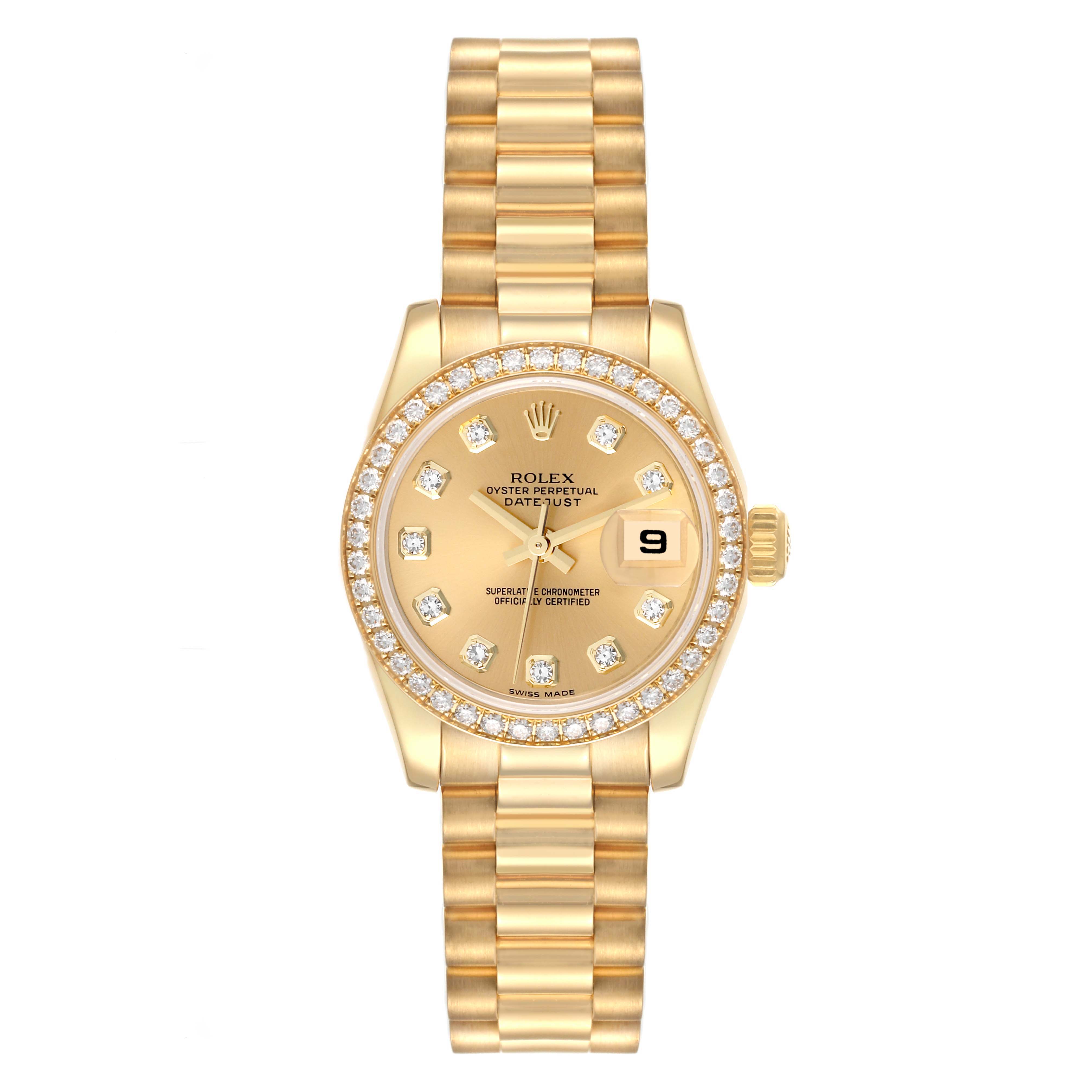 This image shows a Rolex President 179138 Women's Yellow Gold Champagne Dial 179138 Women's Yellow Gold Champagne Dial model watch from a front angle, highlighting the face, bezel, and bracelet.