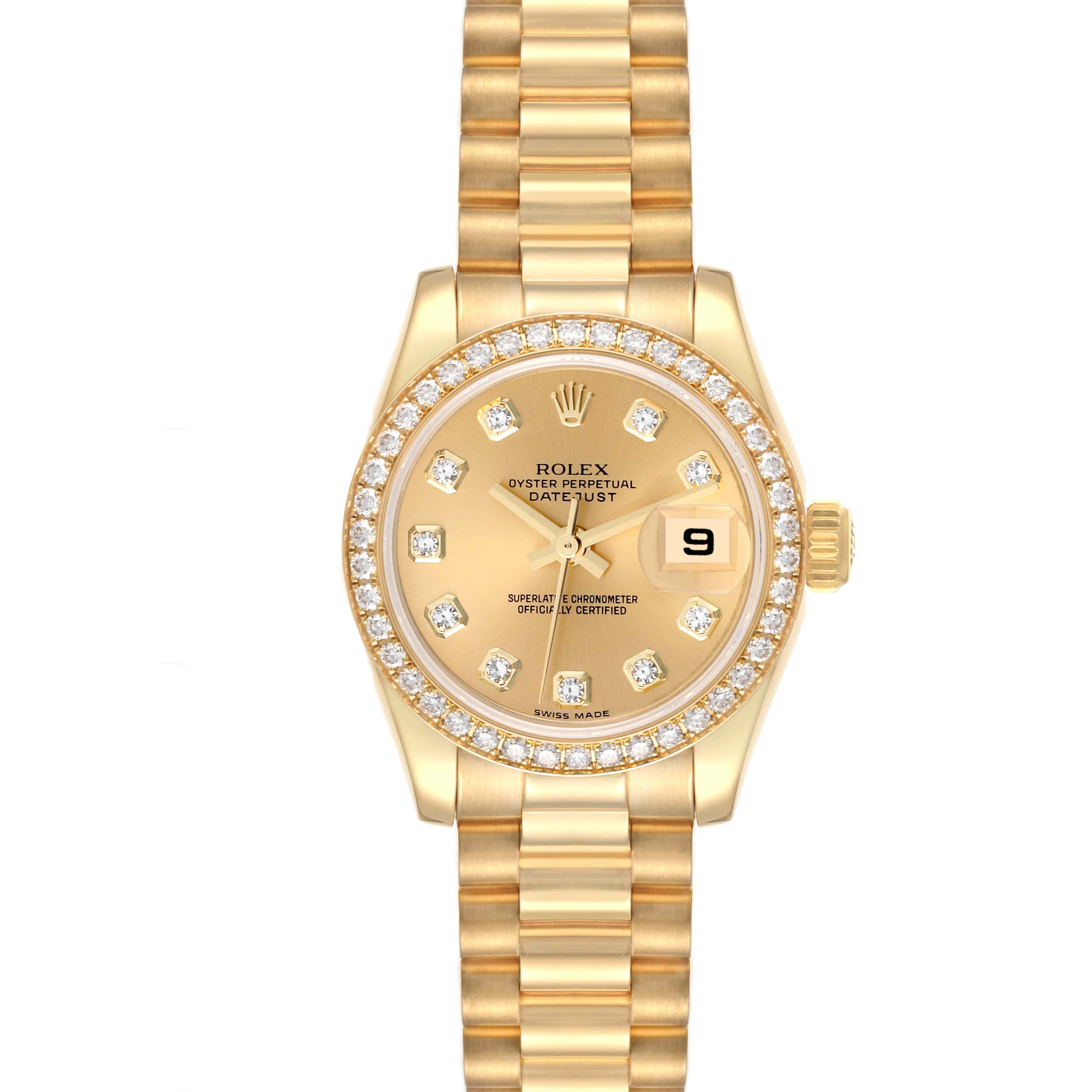 This image shows a Rolex President 179138 Women's Yellow Gold Champagne Dial 179138 Women's Yellow Gold Champagne Dial model watch from a straight-on angle, highlighting the watch face, bezel, and bracelet.