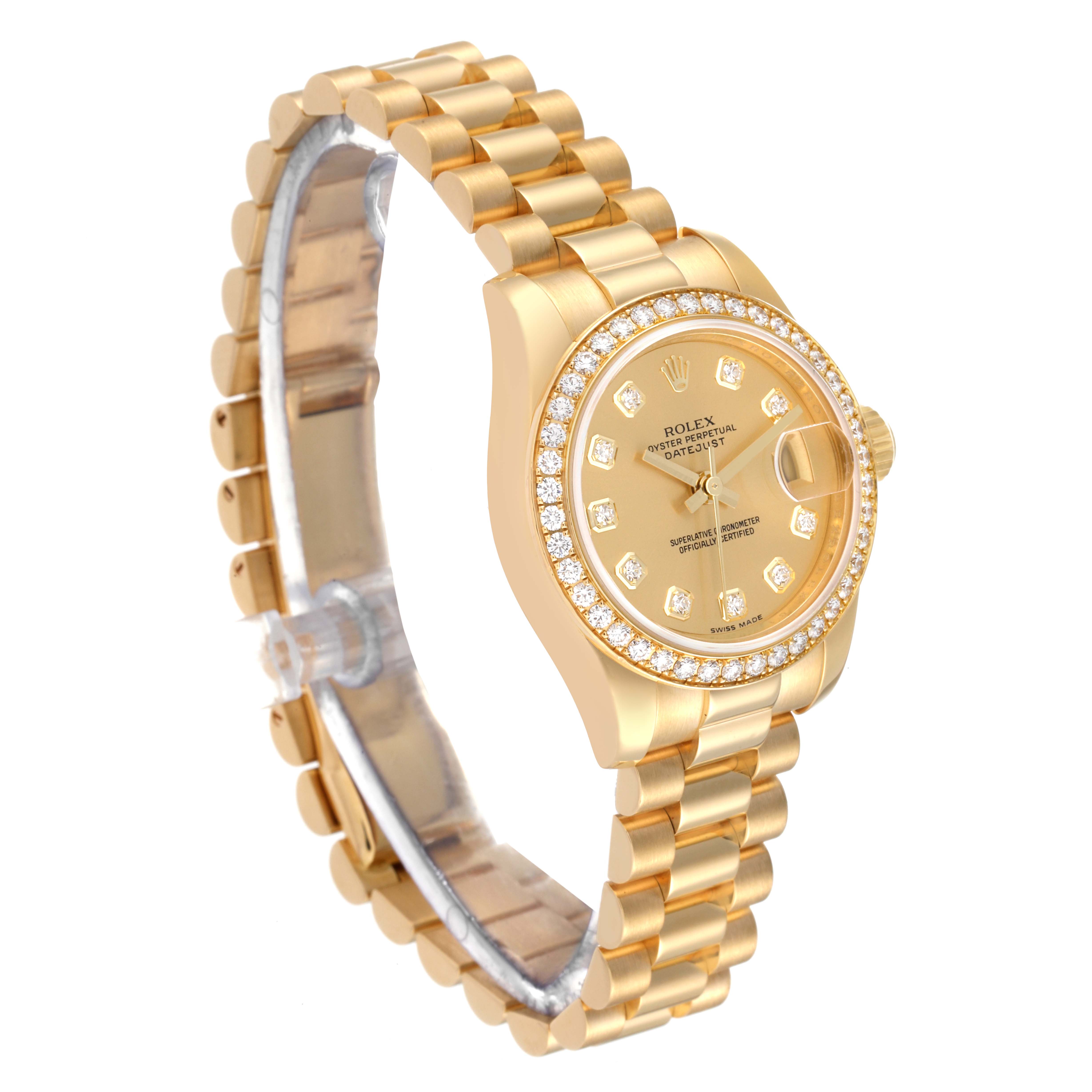 The Rolex President 179138 Women's Yellow Gold Champagne Dial 179138 Women's Yellow Gold Champagne Dial model watch is shown at a slight angle, displaying its gold bracelet and diamond-studded bezel and face.