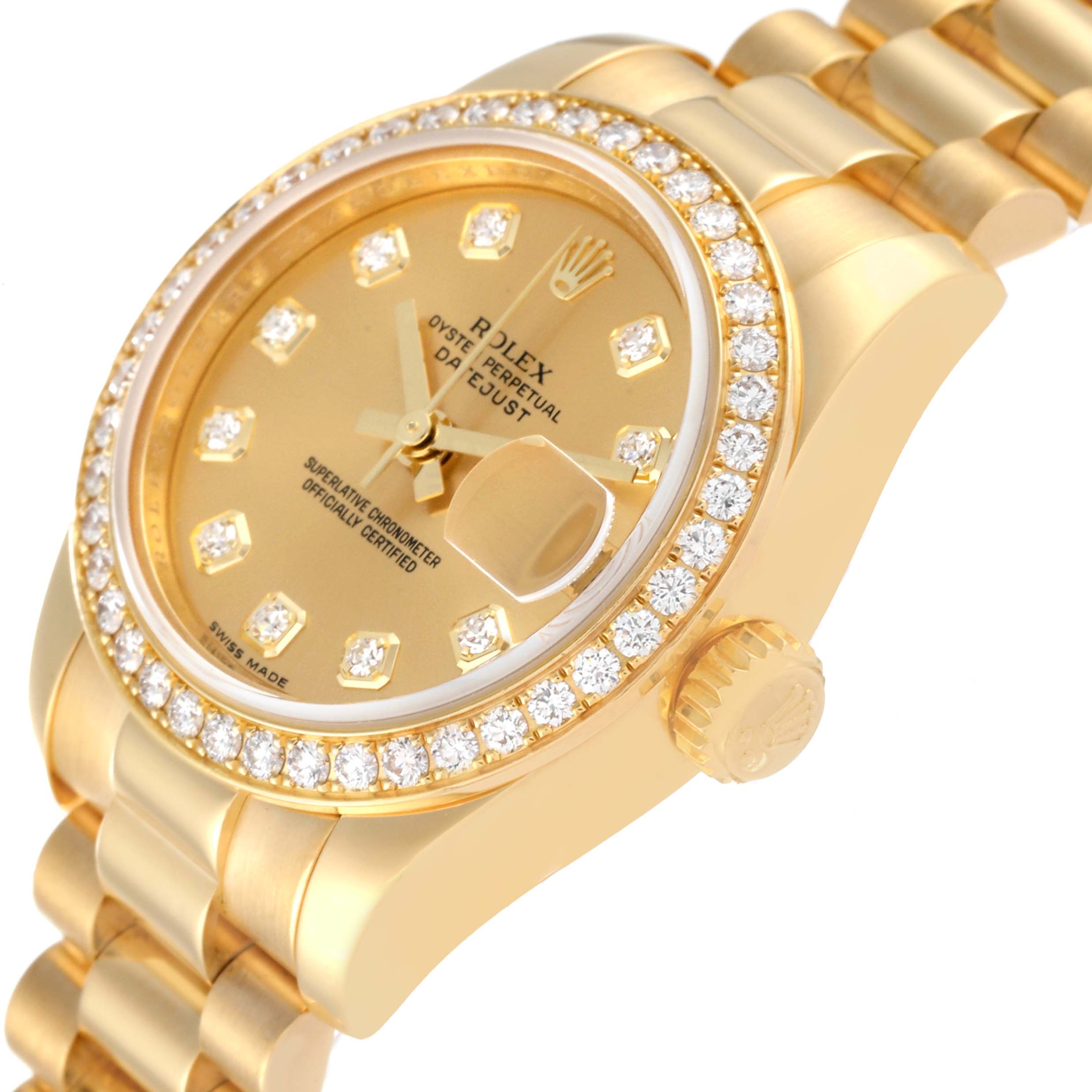 The image shows an angled view of the Rolex President 179138 Women's Yellow Gold Champagne Dial 179138 Women's Yellow Gold Champagne Dial model watch, highlighting the dial, bezel, crown, and part of the band.