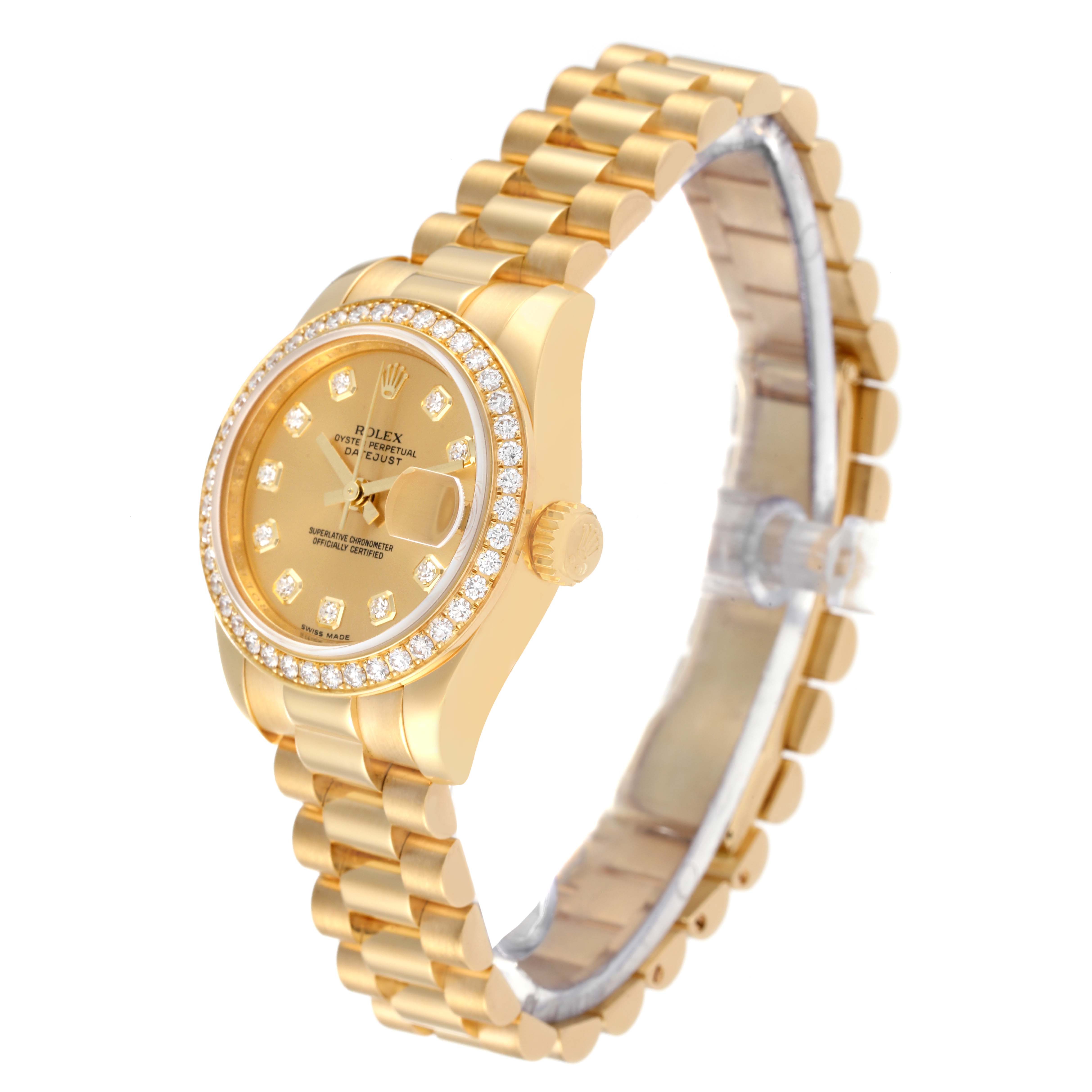 The image shows a Rolex President 179138 Women's Yellow Gold Champagne Dial 179138 Women's Yellow Gold Champagne Dial model watch at a slight side angle, displaying the face, bezel, and bracelet.