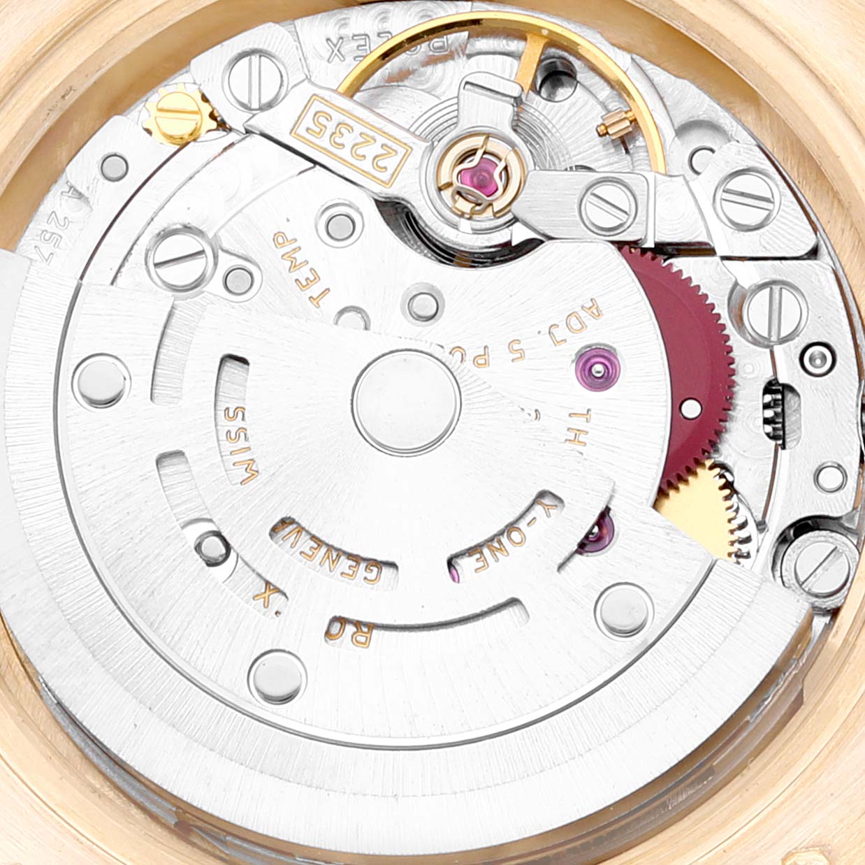 This image shows the inner workings and movement of a Rolex President 179138 Women's Yellow Gold Champagne Dial 179138 Women's Yellow Gold Champagne Dial model watch, viewed from the back.