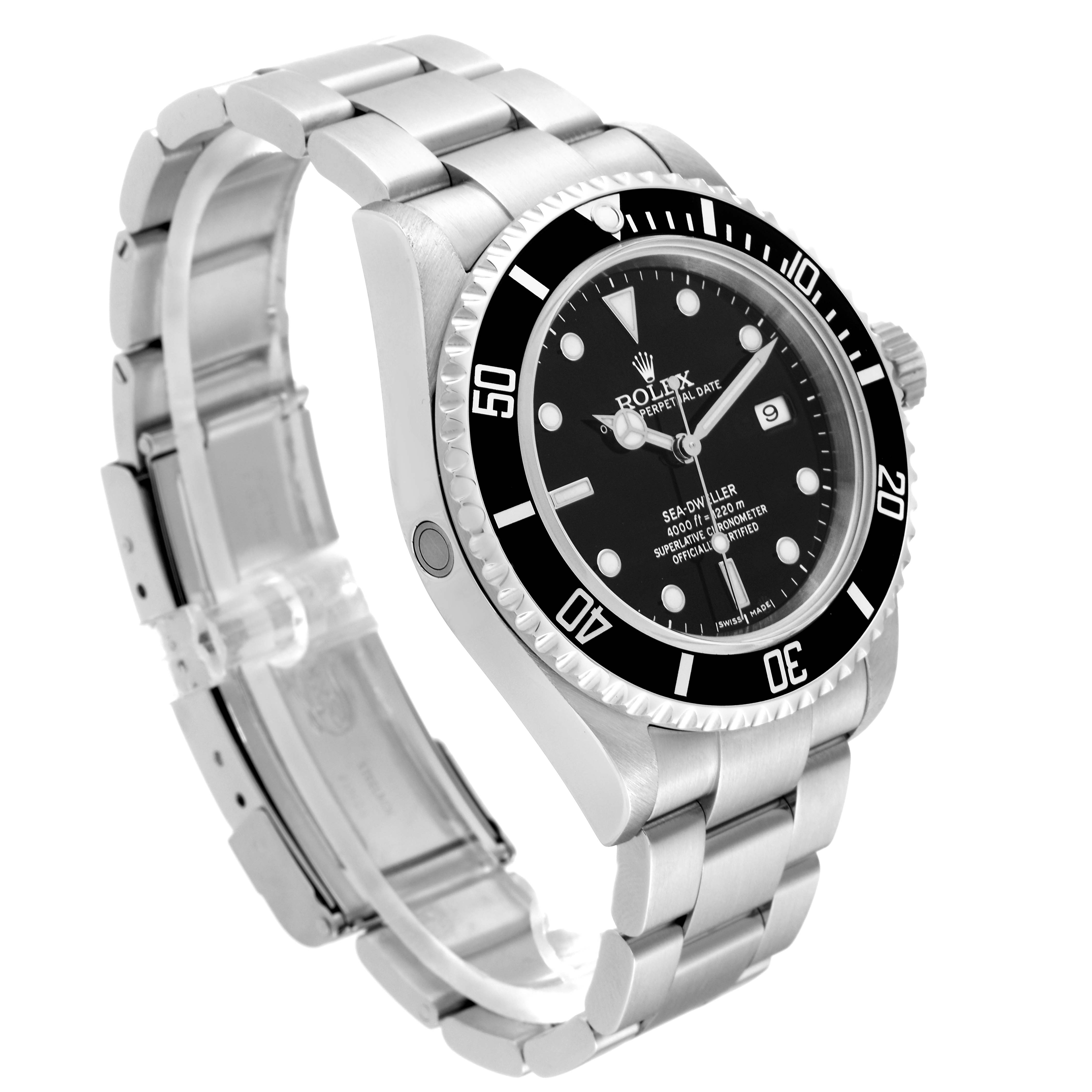The image shows a side angle view of a Rolex Sea-Dweller 16600 Men
s Stainless Steel Black Dial 16600 Men
s Stainless Steel Black Dial watch, displaying its dial, bezel, and stainless steel bracelet.