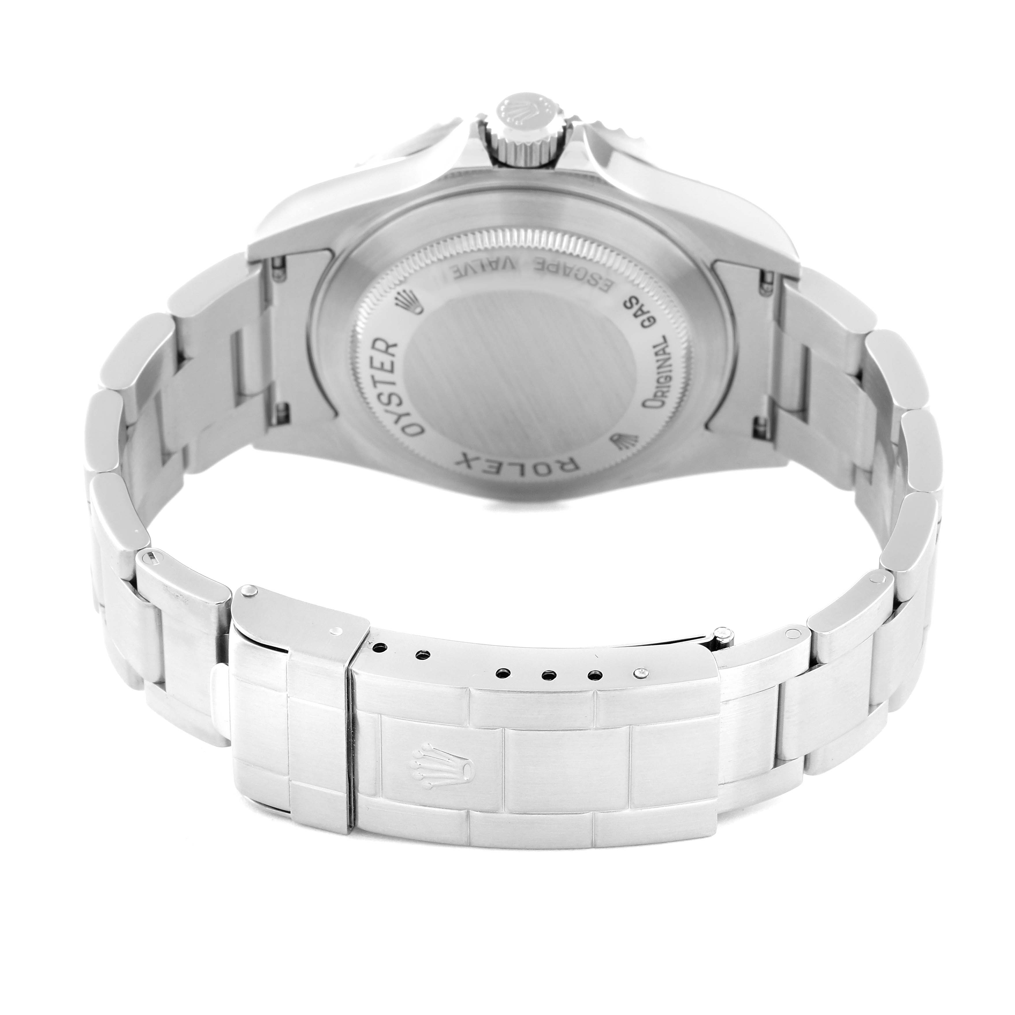 The image shows the back view of a Rolex Sea-Dweller 16600 Men
s Stainless Steel Black Dial 16600 Men
s Stainless Steel Black Dial, focusing on the case back and metal bracelet.