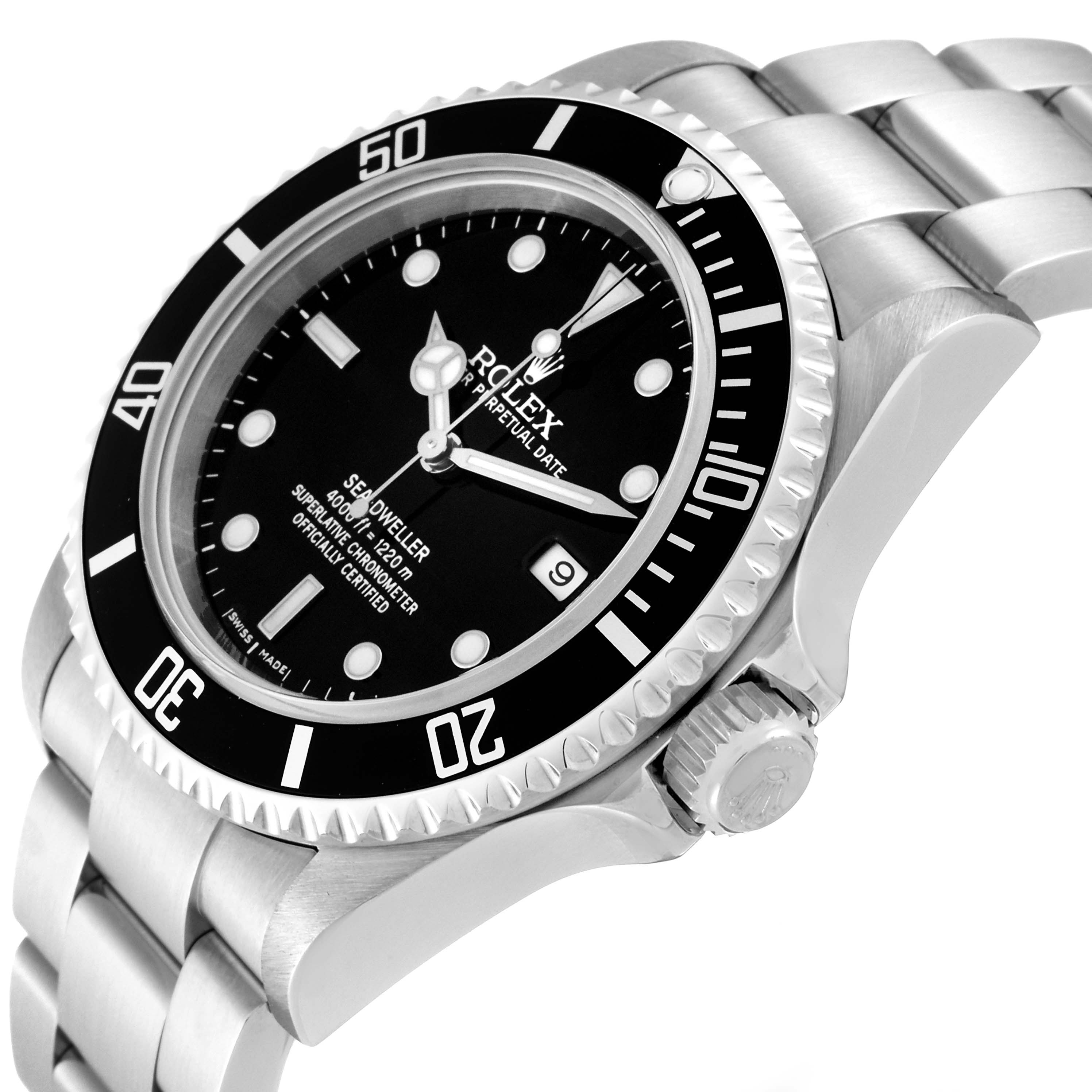The image shows a side angle of the Rolex Sea-Dweller 16600 Men
s Stainless Steel Black Dial 16600 Men
s Stainless Steel Black Dial watch, displaying its black dial, bezel, and metal bracelet.