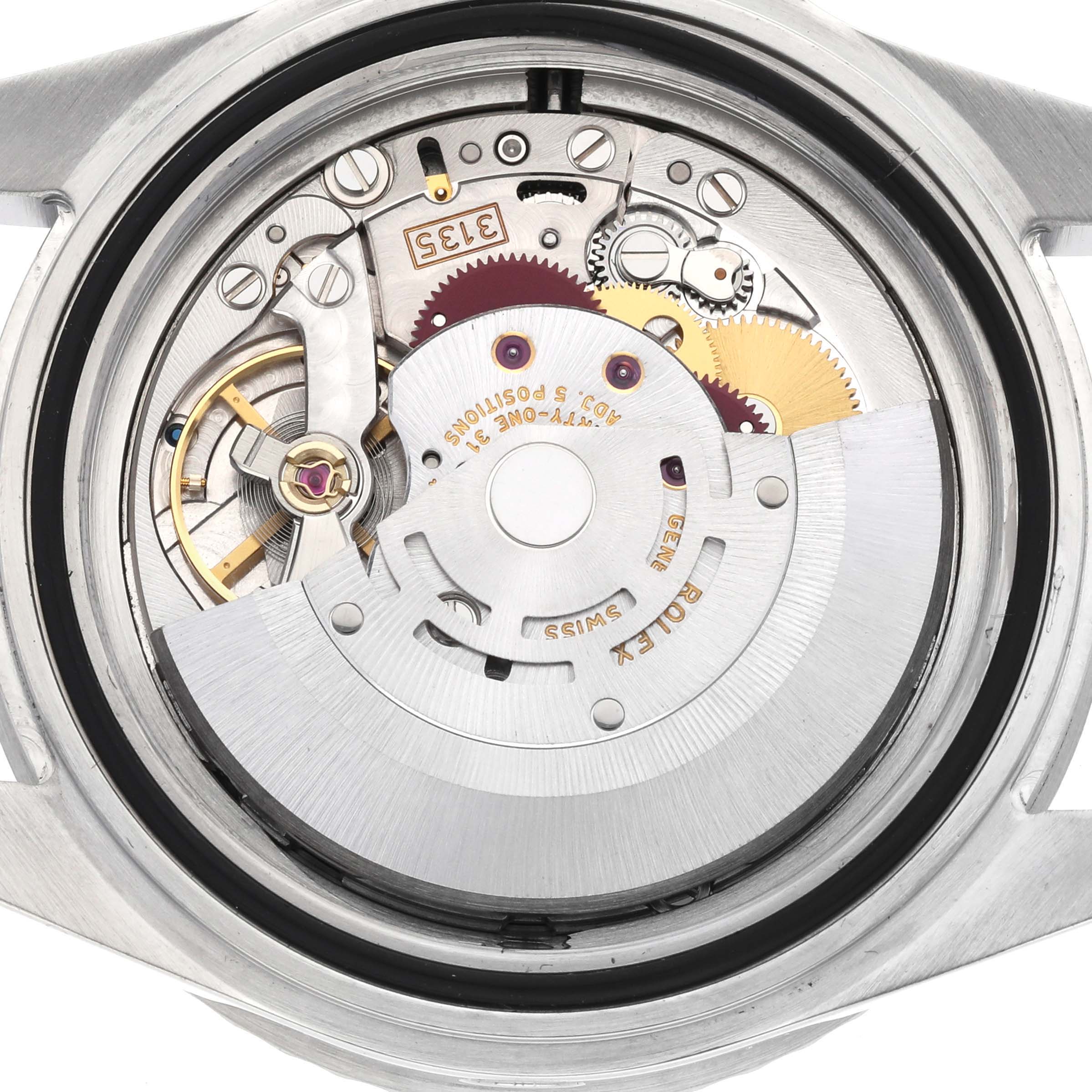 This image shows the intricate internal mechanism of a Rolex Sea-Dweller 16600 Men
s Stainless Steel Black Dial 16600 Men
s Stainless Steel Black Dial watch from the back angle, displaying the gears and rotor.