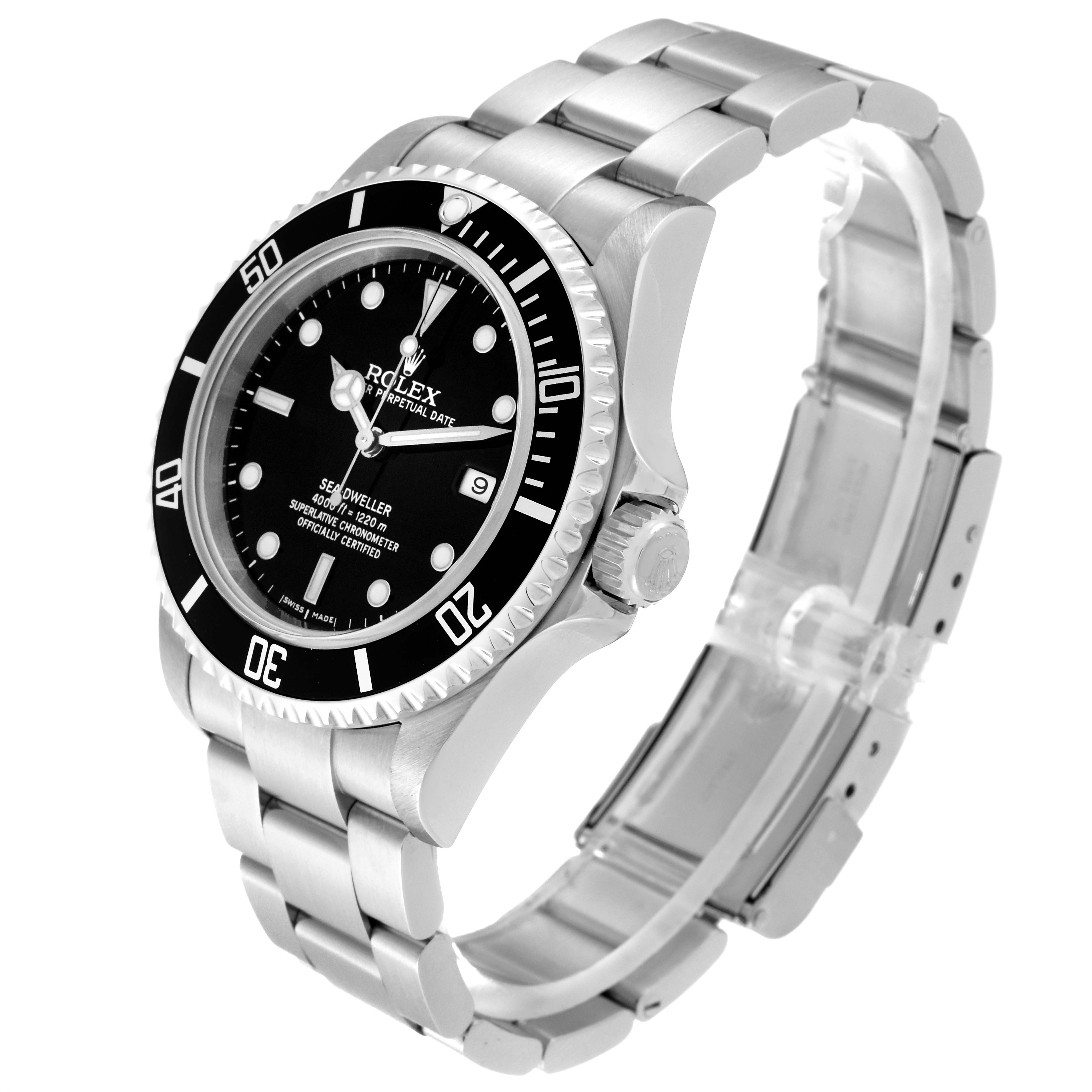 The image shows a Rolex Sea-Dweller 16600 Men
s Stainless Steel Black Dial 16600 Men
s Stainless Steel Black Dial watch at an angle, highlighting the dial, bezel, case, crown, and bracelet.