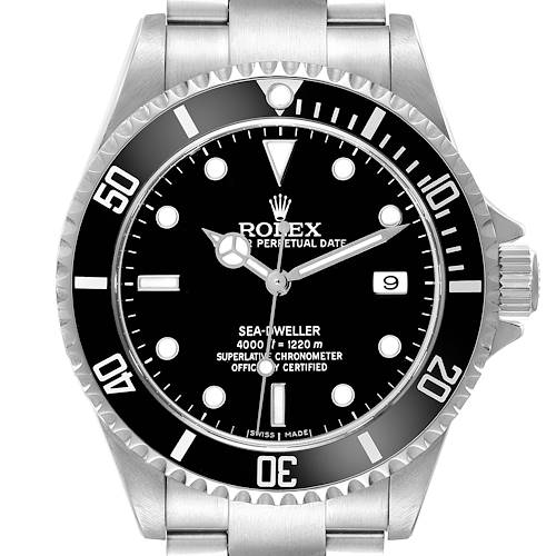 The image shows a front angle of the Rolex Sea-Dweller watch, highlighting the dial, bezel, and part of the bracelet.