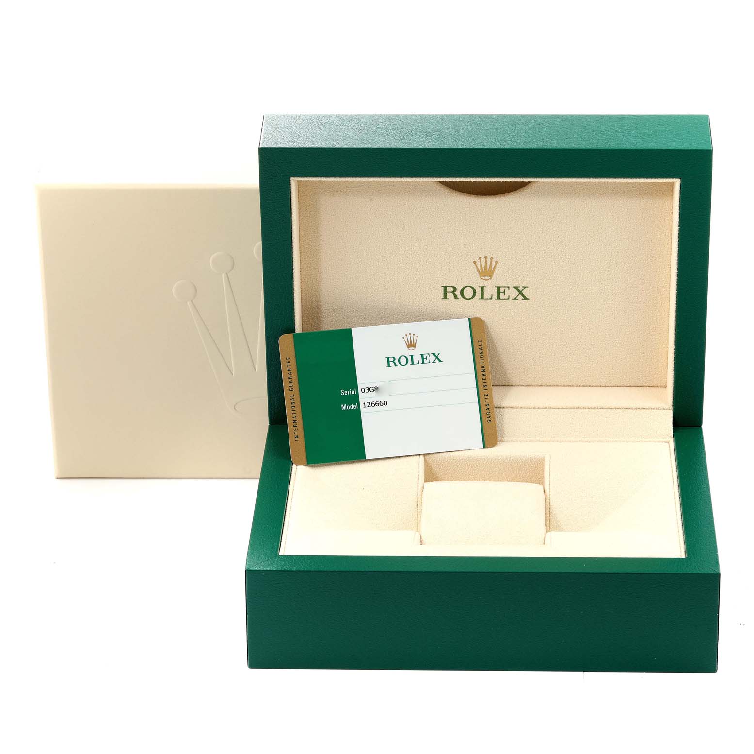 The image shows an open Rolex box for the Sky-Dweller model, along with a certificate card inside.