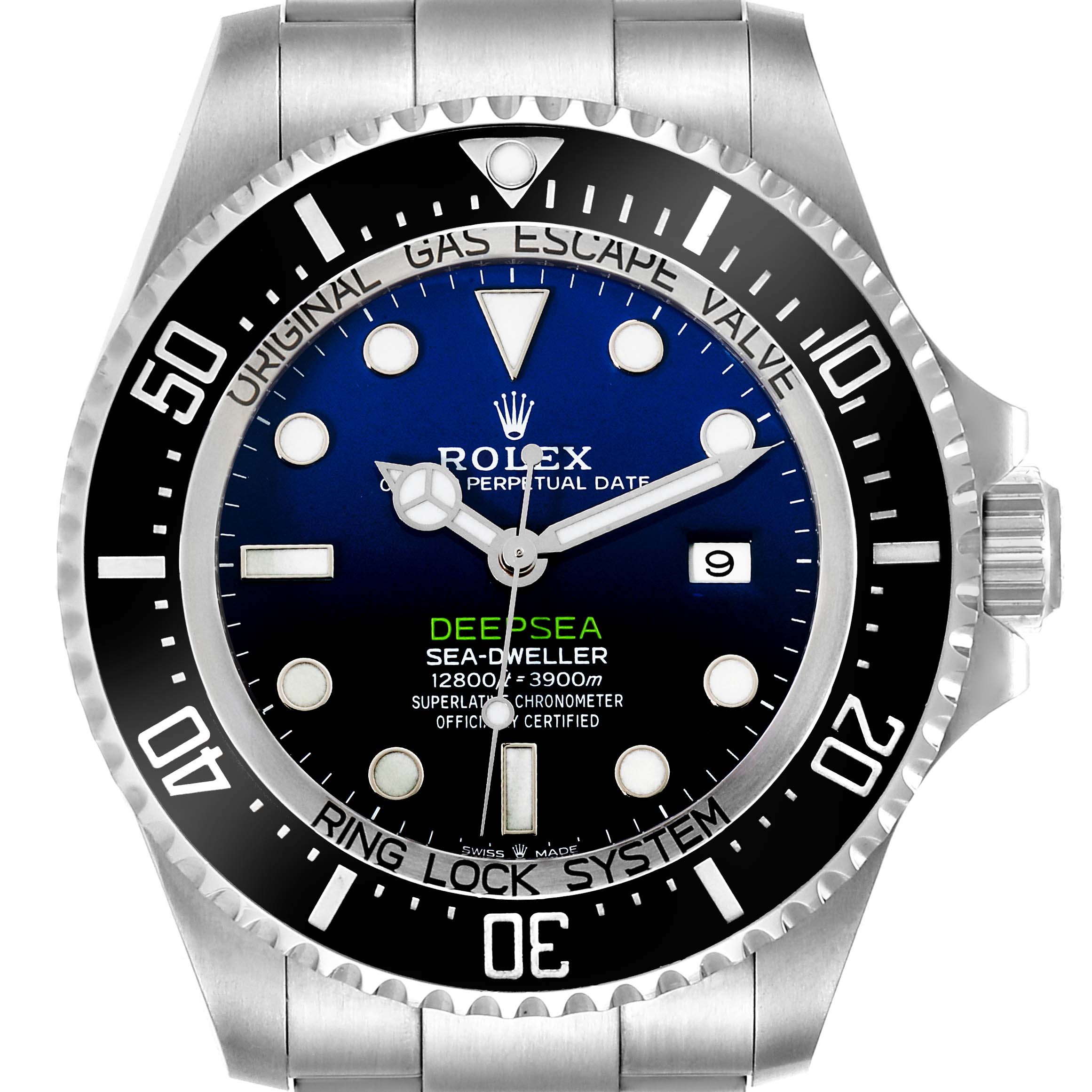 The image shows the front view of a Rolex Sea-Dweller 126660 Men
s Stainless Steel Blue Dial 126660 Men
s Stainless Steel Blue Dial watch, highlighting the dial, bezel, and case.