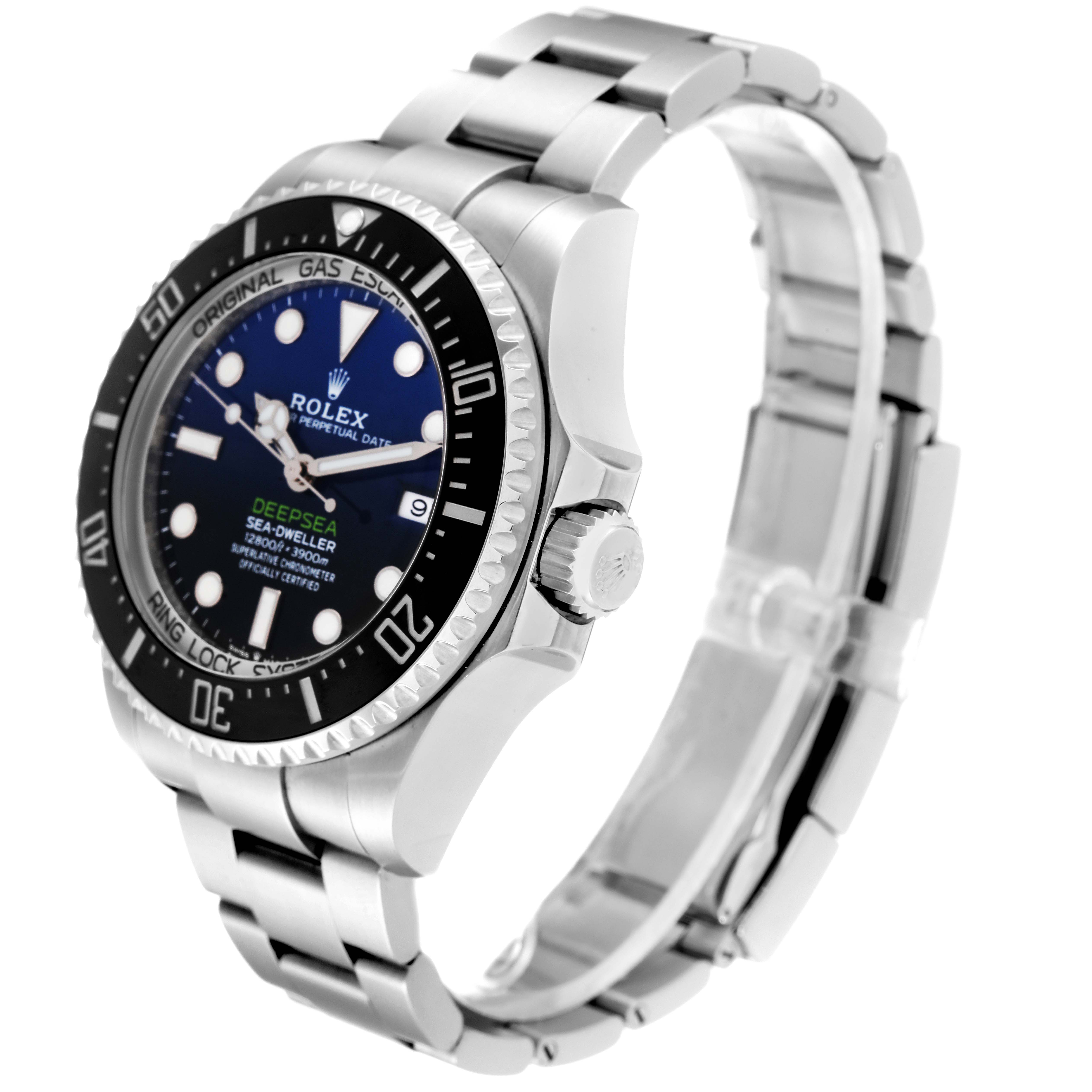 The image shows a side angle of a Rolex Sky-Dweller watch, highlighting the bezel, crown, and bracelet.