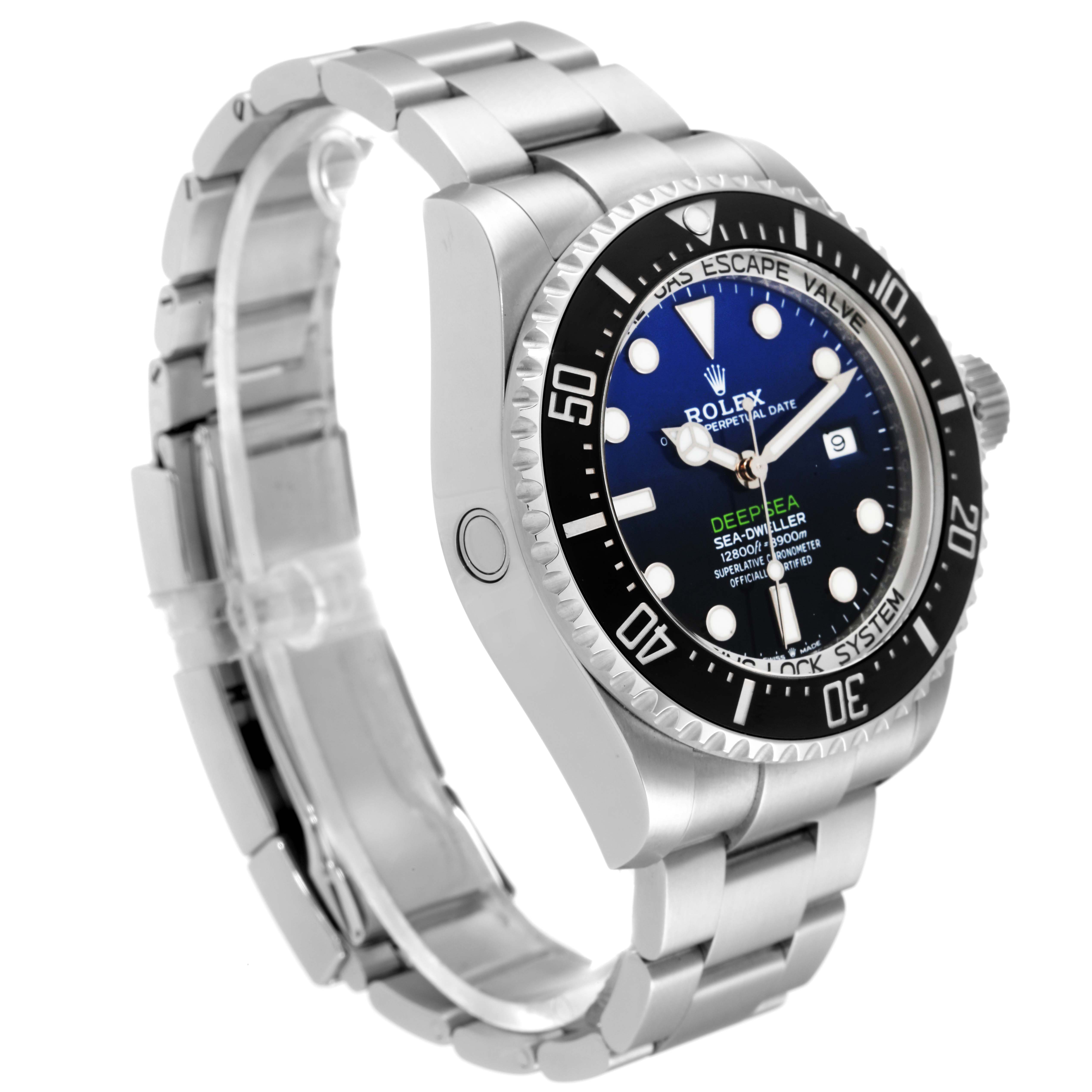 The image shows a side angle of the Rolex Sky-Dweller watch, highlighting its bezel, crown, and bracelet.