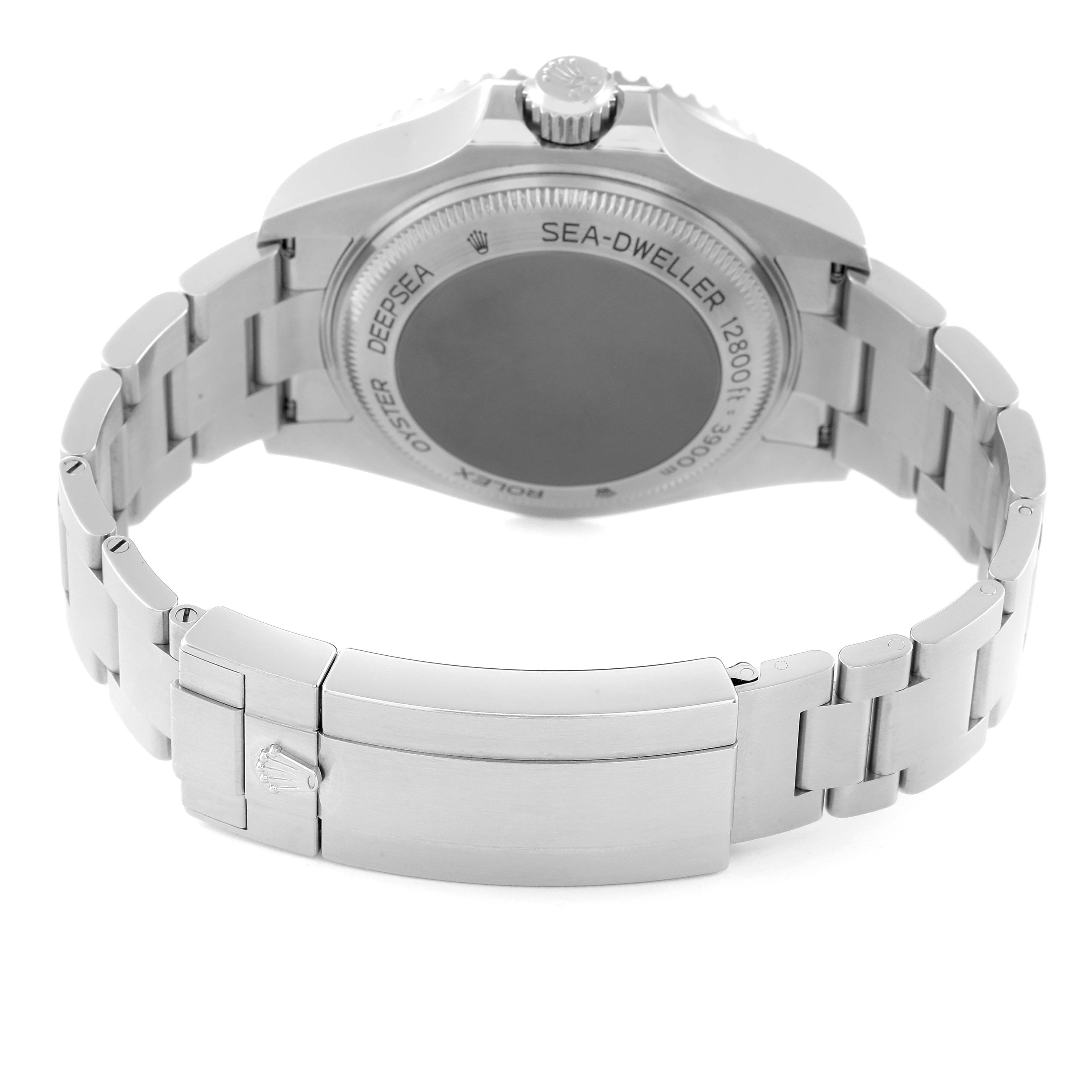 The image shows the back and bracelet of a Rolex Sky-Dweller watch, focusing on the clasp and case back.