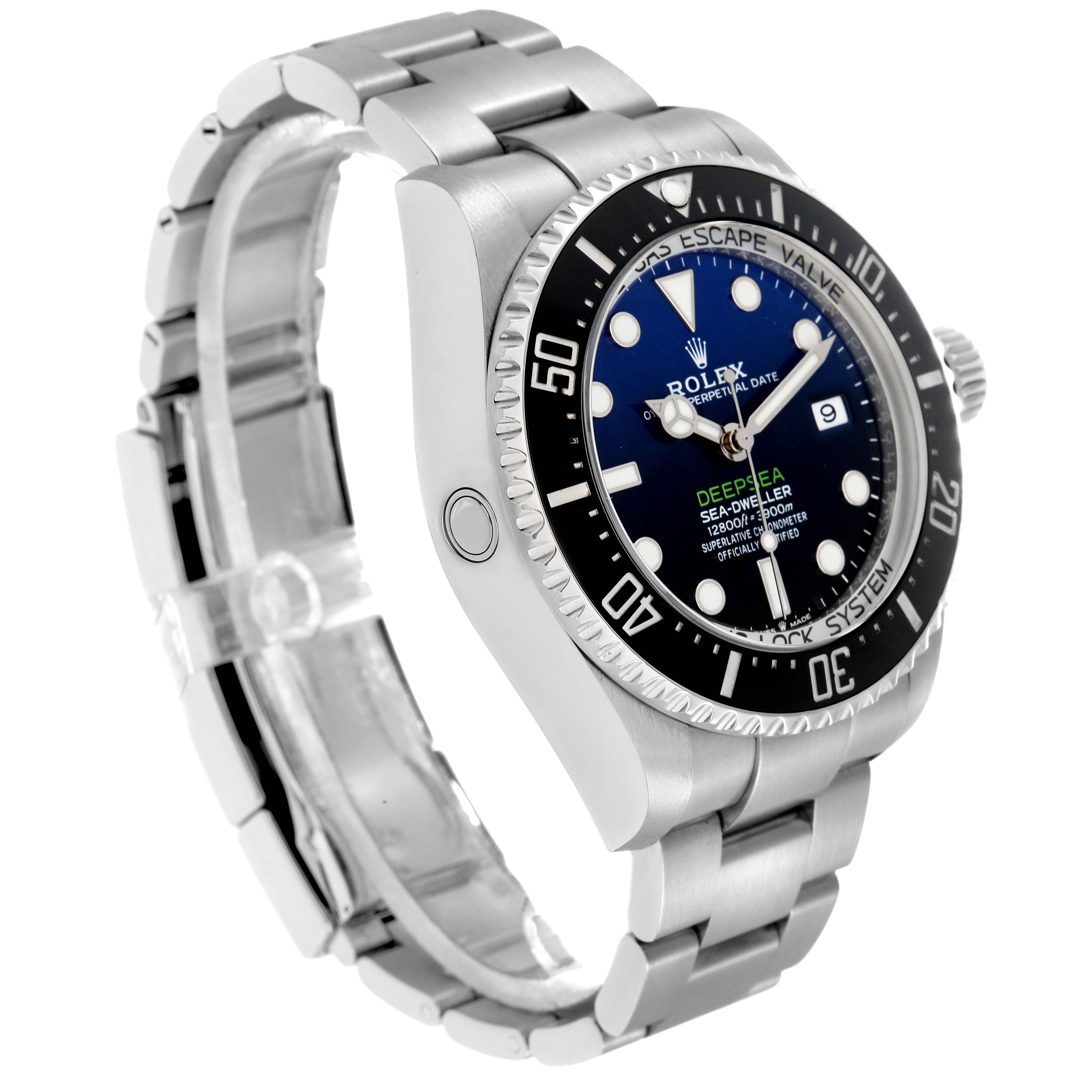 The Rolex Sea-Dweller 136660 Men
s Stainless Steel Blue Dial watch is shown from a three-quarter angle, highlighting the face, bezel, and bracelet.