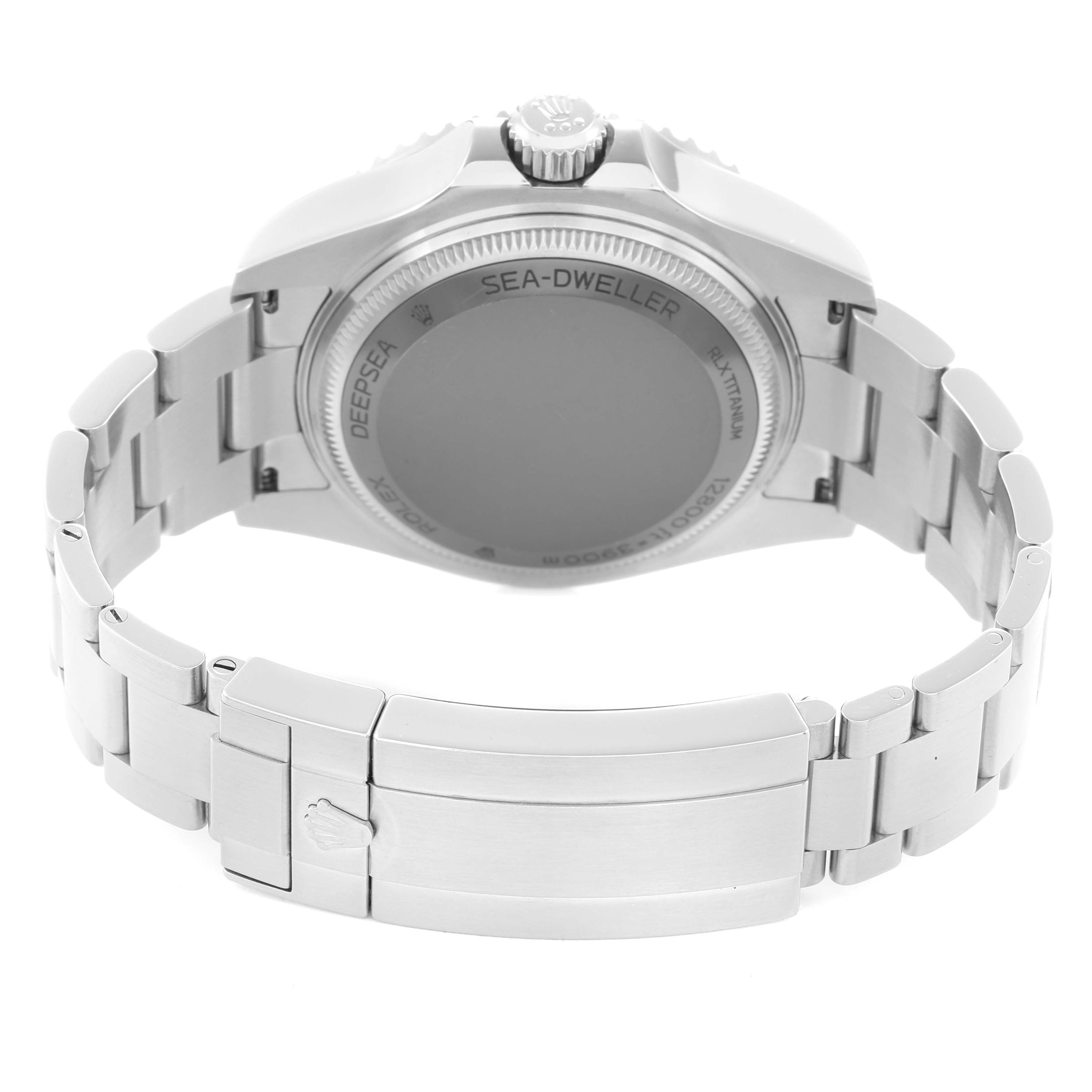 The image shows the back of the Rolex Sea-Dweller 136660 Men
s Stainless Steel Blue Dial watch, highlighting the case back, crown, and bracelet clasp.