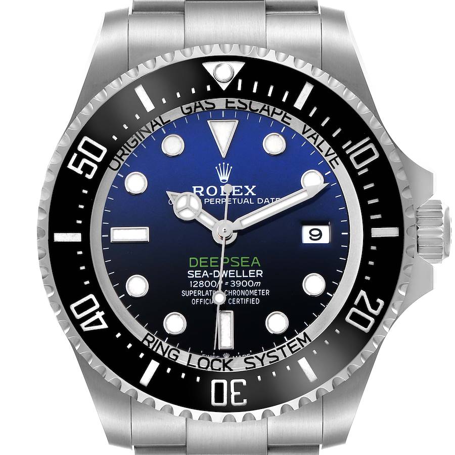 The Rolex Sea-Dweller 136660 Men's Stainless Steel Blue Dial watch is shown from the front, featuring its dial, bezel, crown, and bracelet.